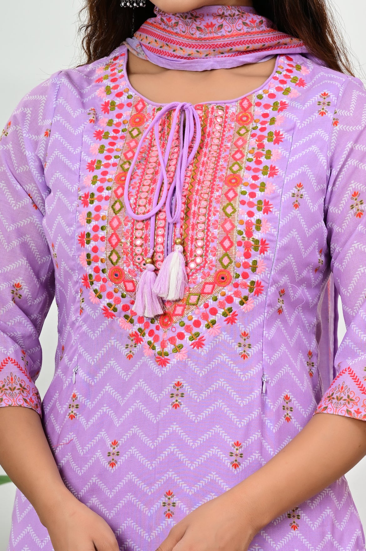 Mumzhug Blend Cotton Detailed Embroidered Kurta Pant and Dupatta Set with Attached Lining