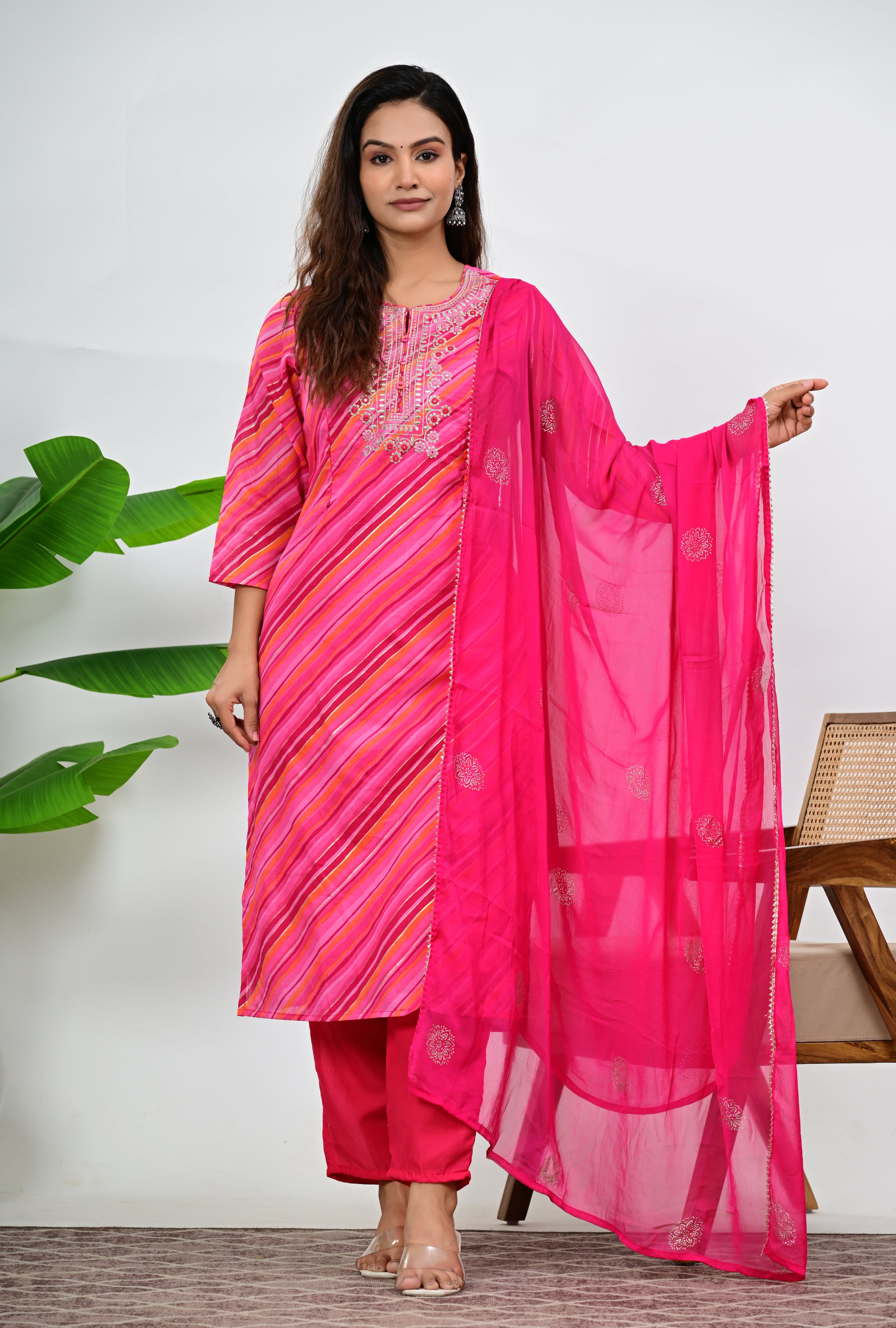 Fuchsia Cotton Embroidered Feeding Kurta Pant and Chiffon Dupatta with Attached Lining