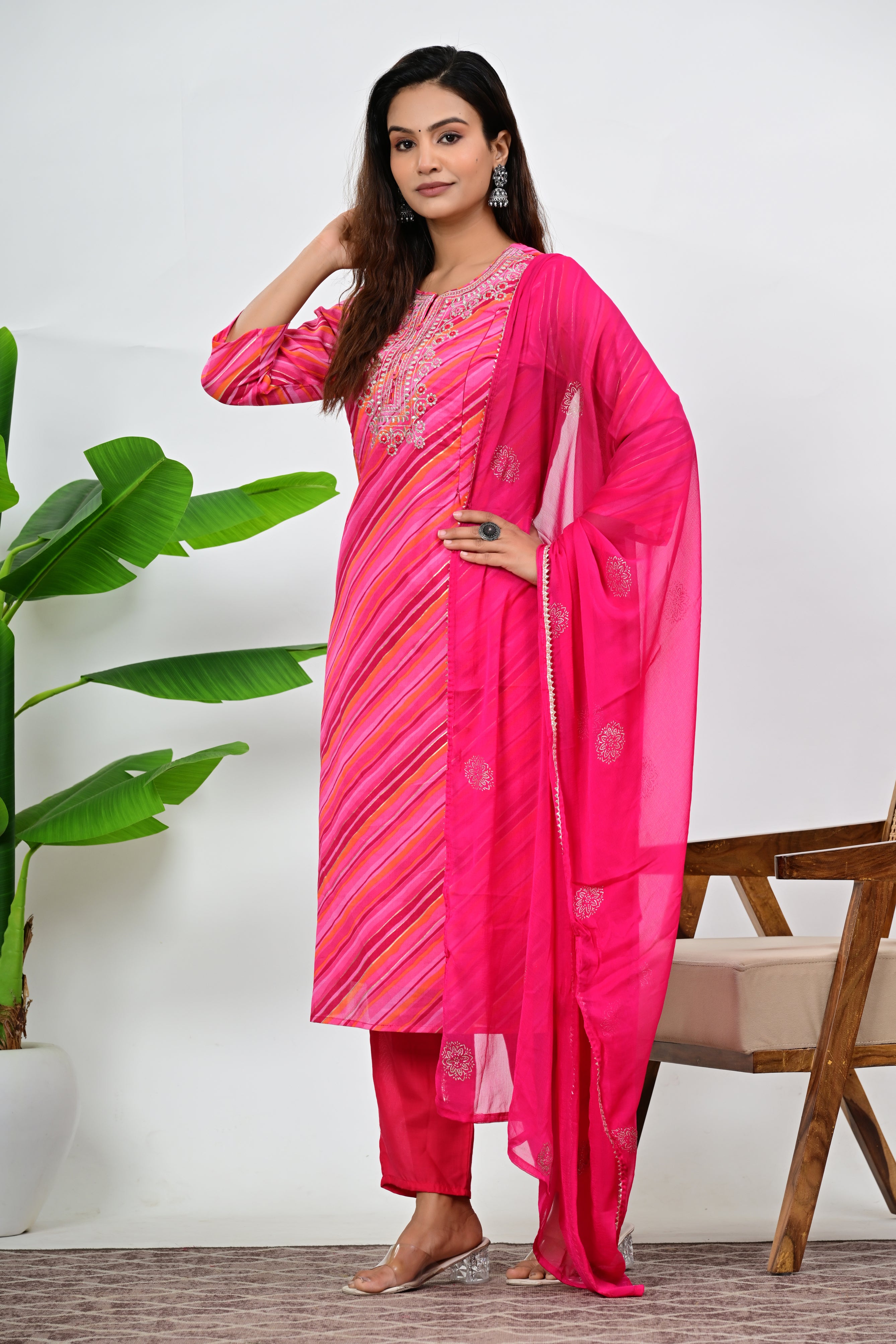 Fuchsia Cotton Embroidered Feeding Kurta Pant and Chiffon Dupatta with Attached Lining