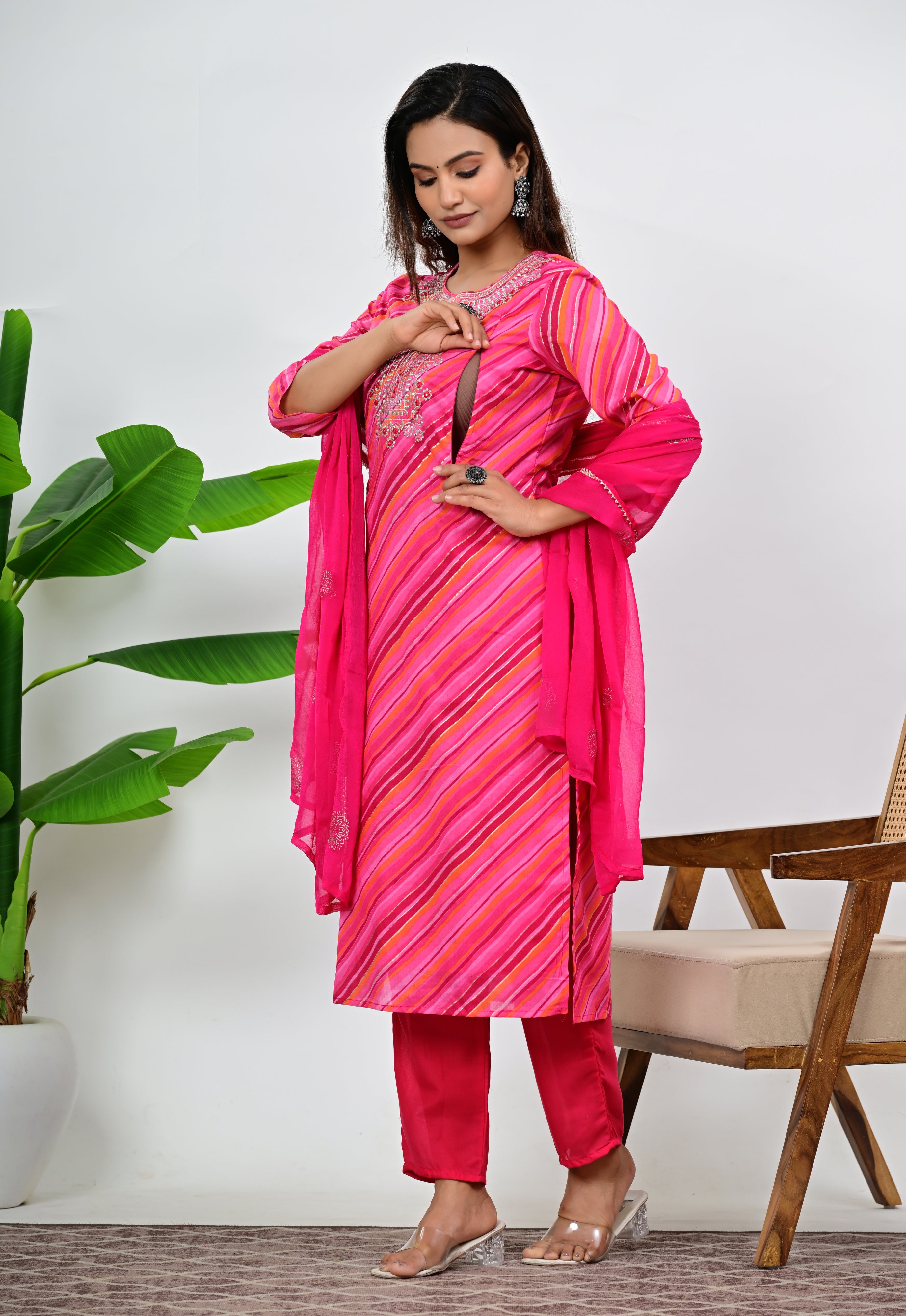 Fuchsia Cotton Embroidered Feeding Kurta Pant and Chiffon Dupatta with Attached Lining