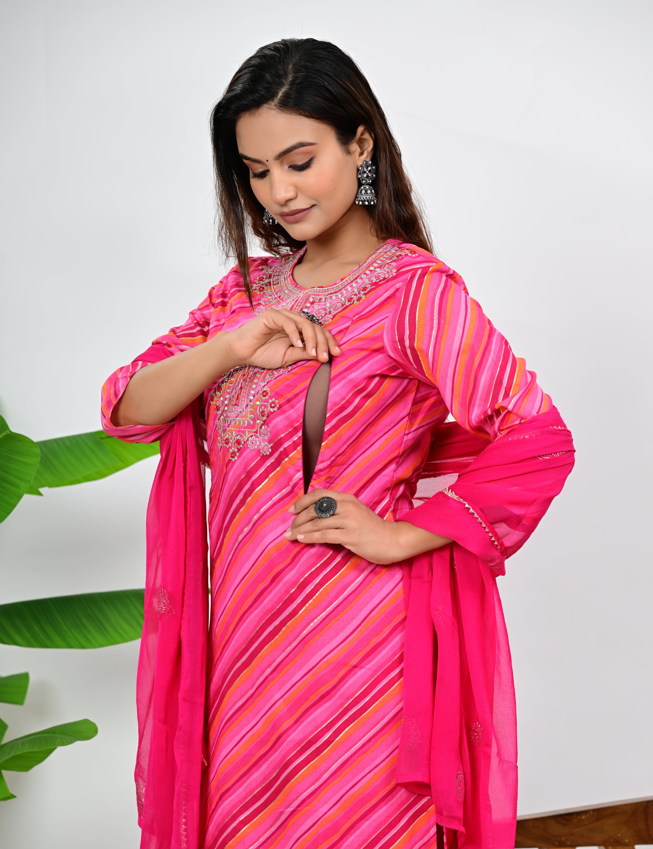 Fuchsia Cotton Embroidered Feeding Kurta Pant and Chiffon Dupatta with Attached Lining