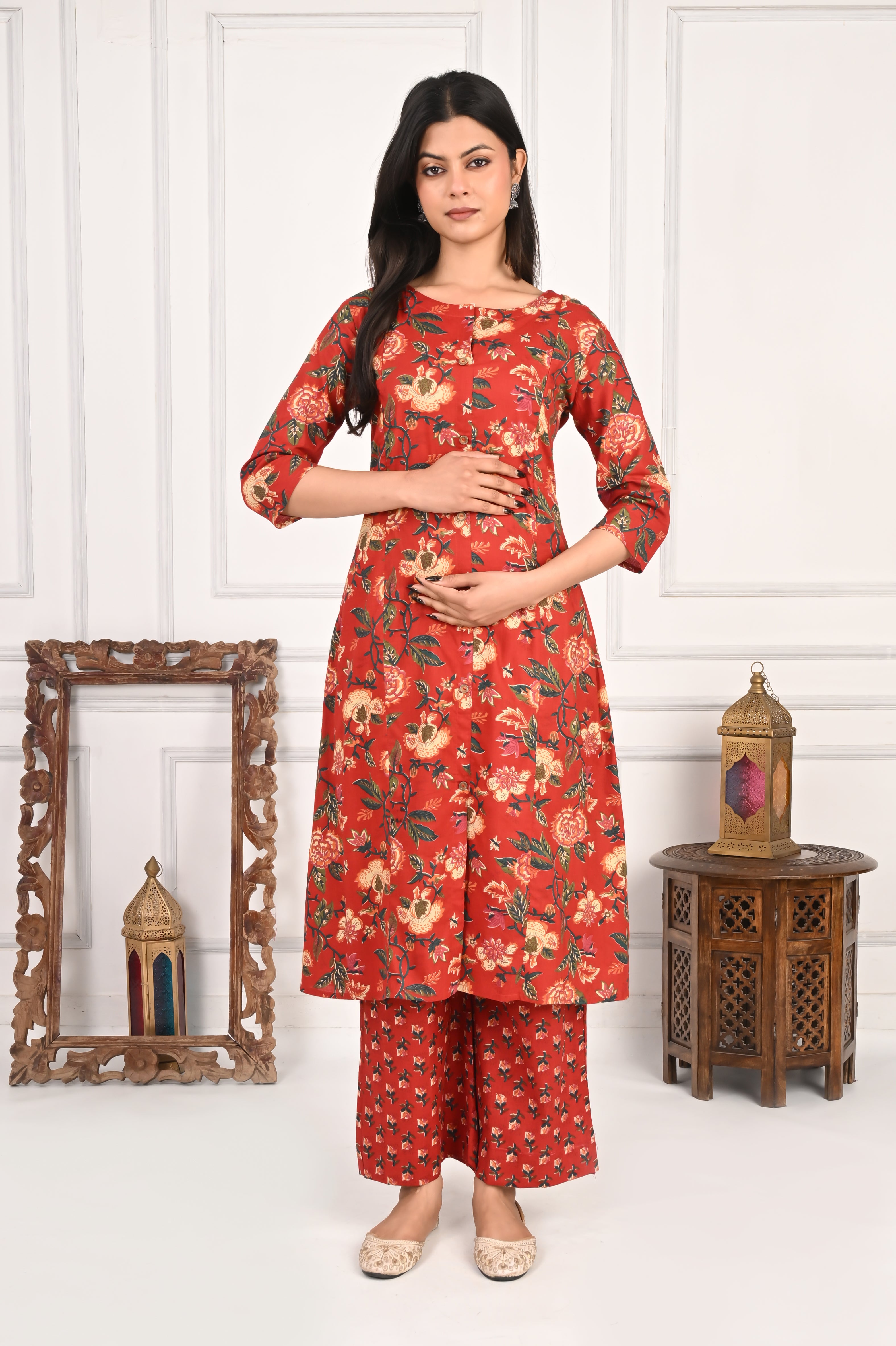 Mumzhug Pure Cotton Maroon Floral Print Feeding Cord Set with Both Side Feeding Zipper