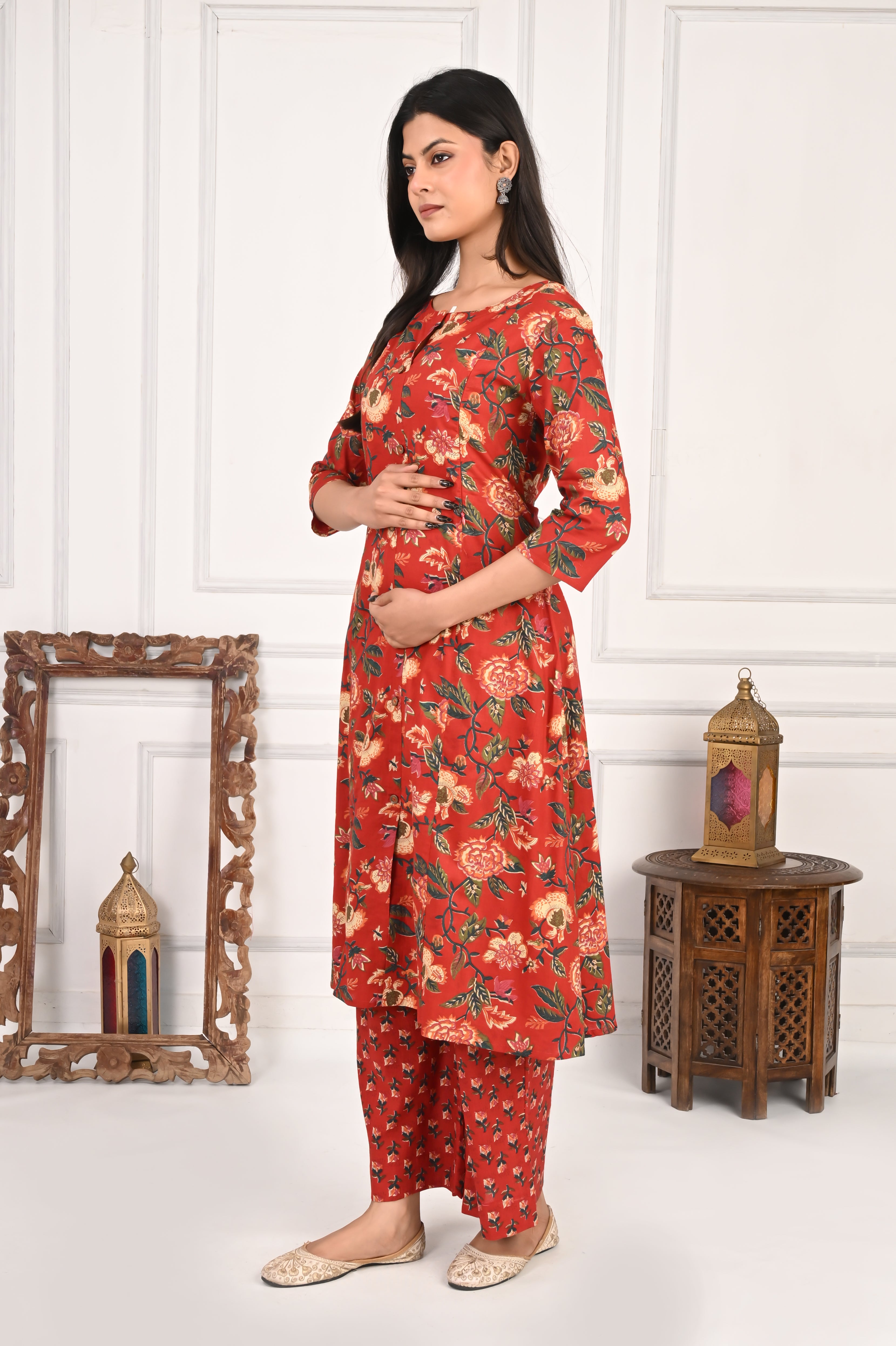 Mumzhug Pure Cotton Maroon Floral Print Feeding Cord Set with Both Side Feeding Zipper