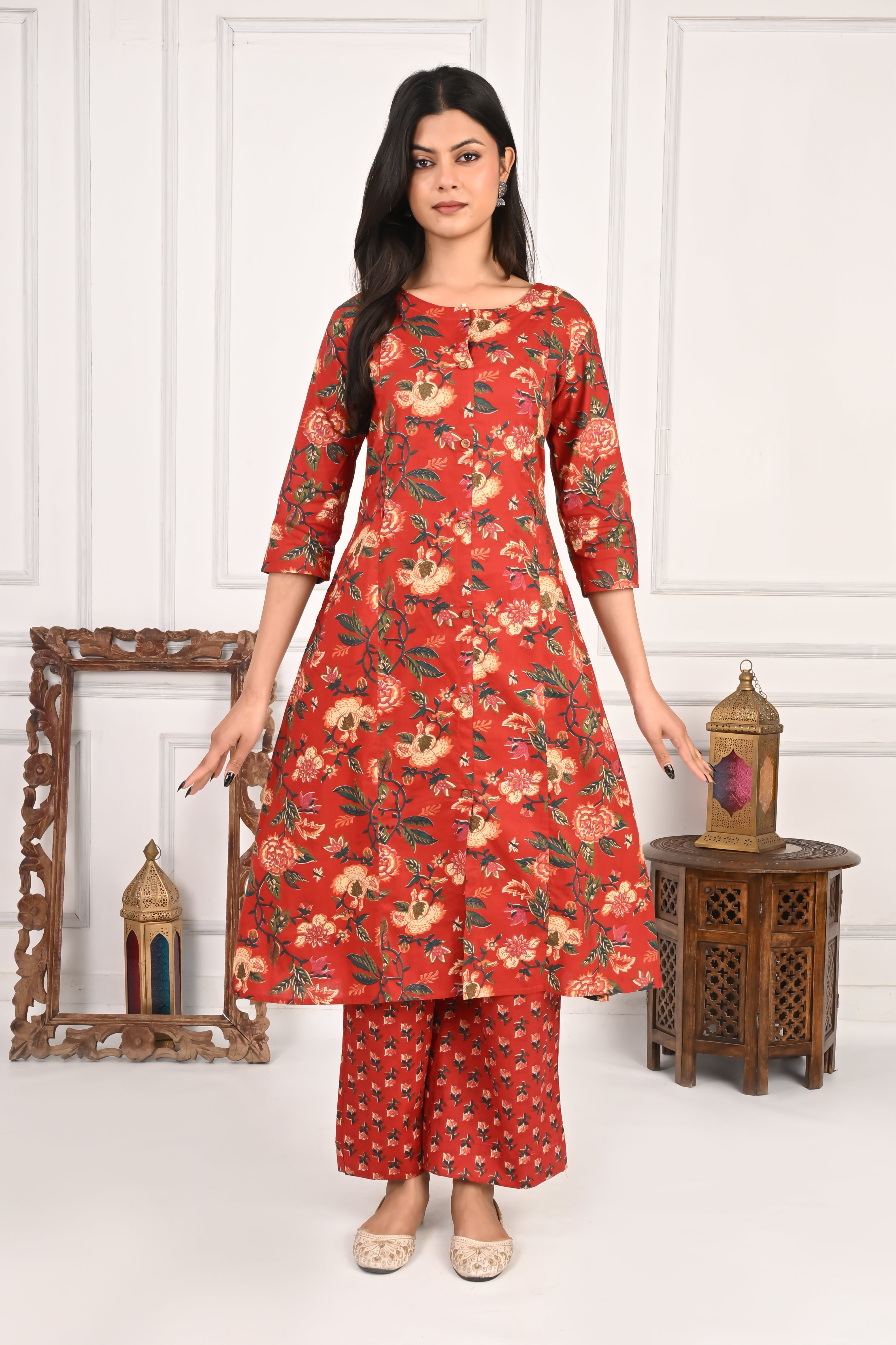 Mumzhug Pure Cotton Maroon Floral Print Feeding Cord Set with Both Side Feeding Zipper