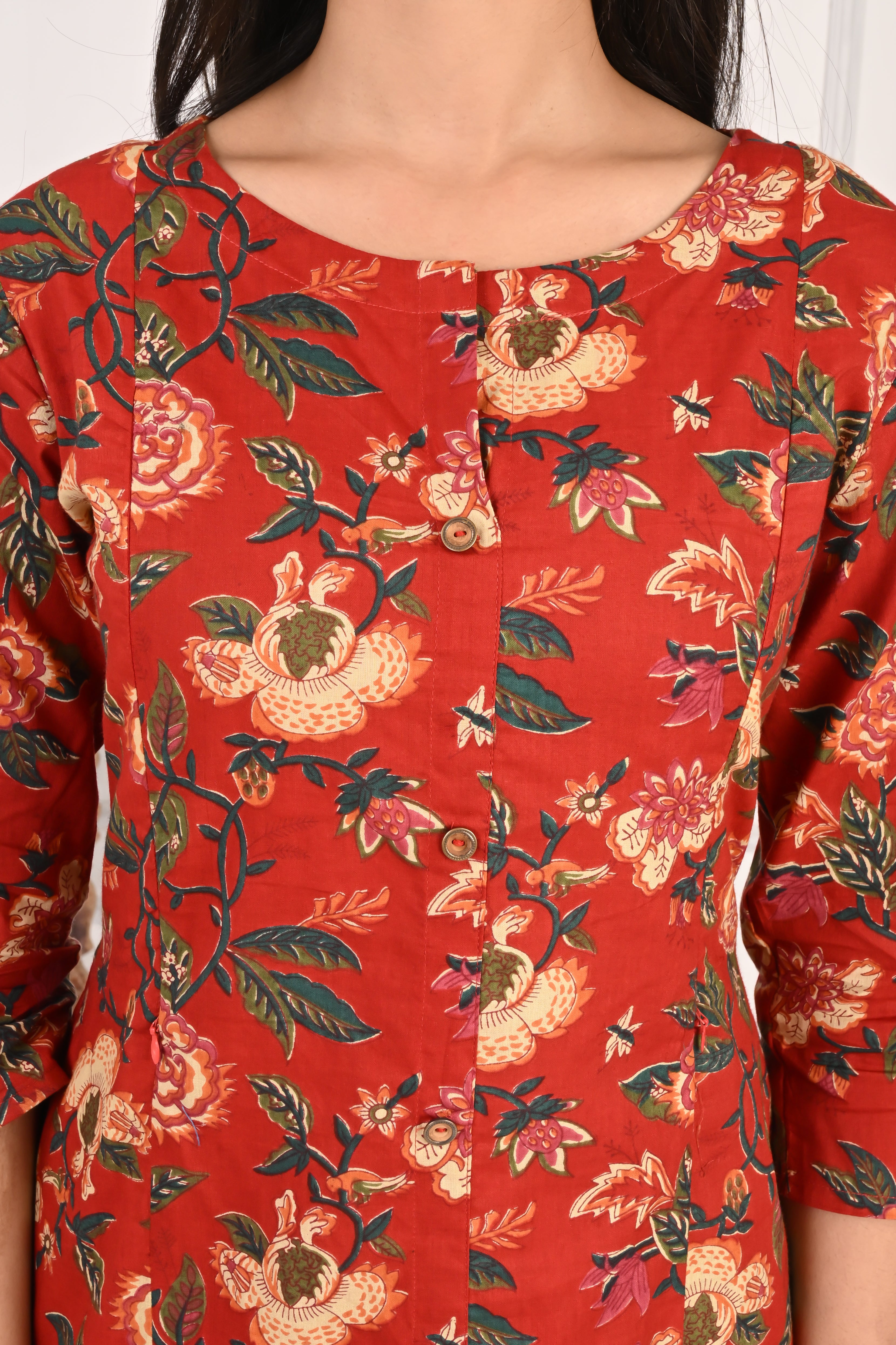 Mumzhug Pure Cotton Maroon Floral Print Feeding Cord Set with Both Side Feeding Zipper