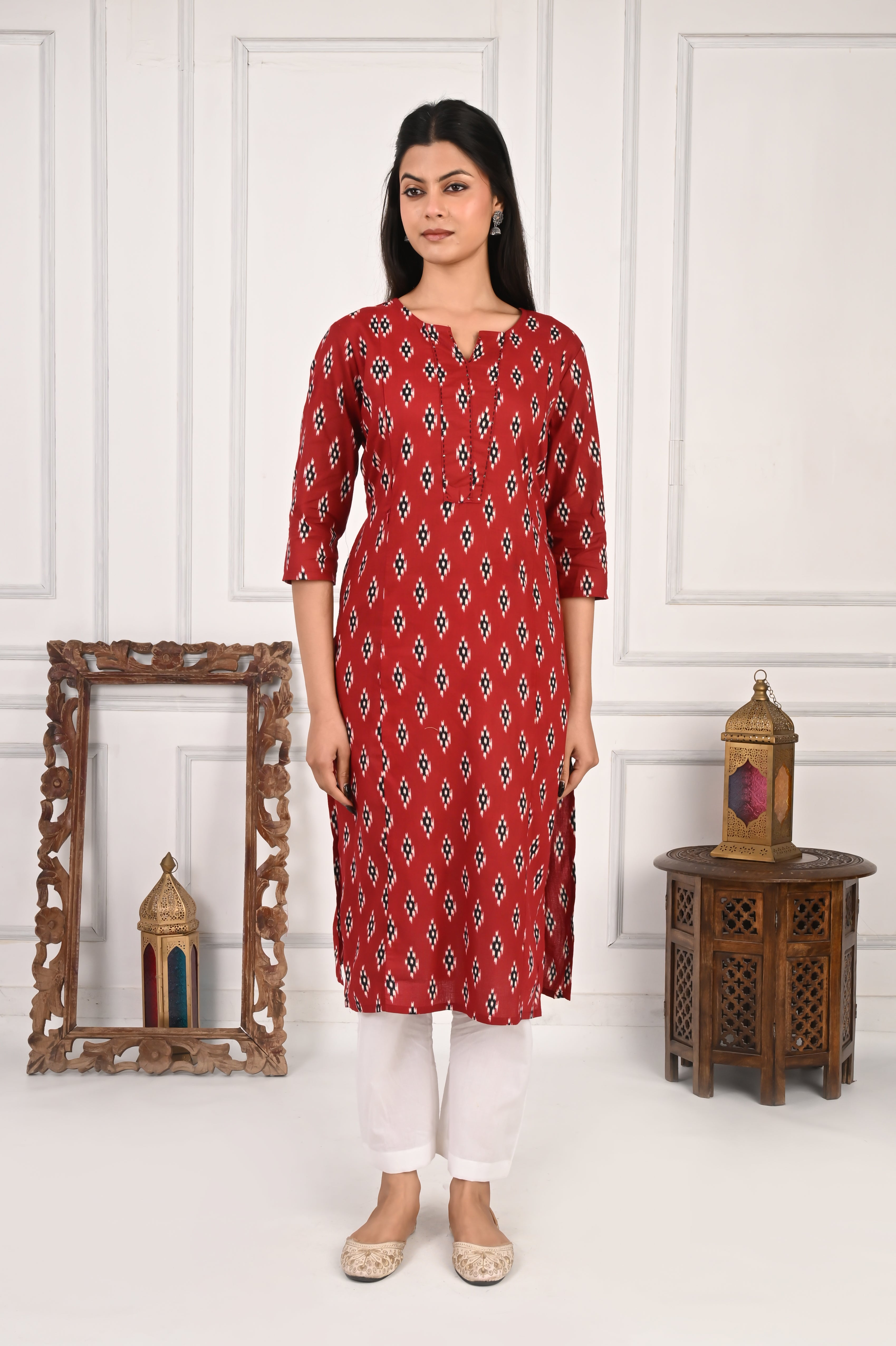Mumzhug Maroon Ikkat Print Pure Cotton Feeding Kurta