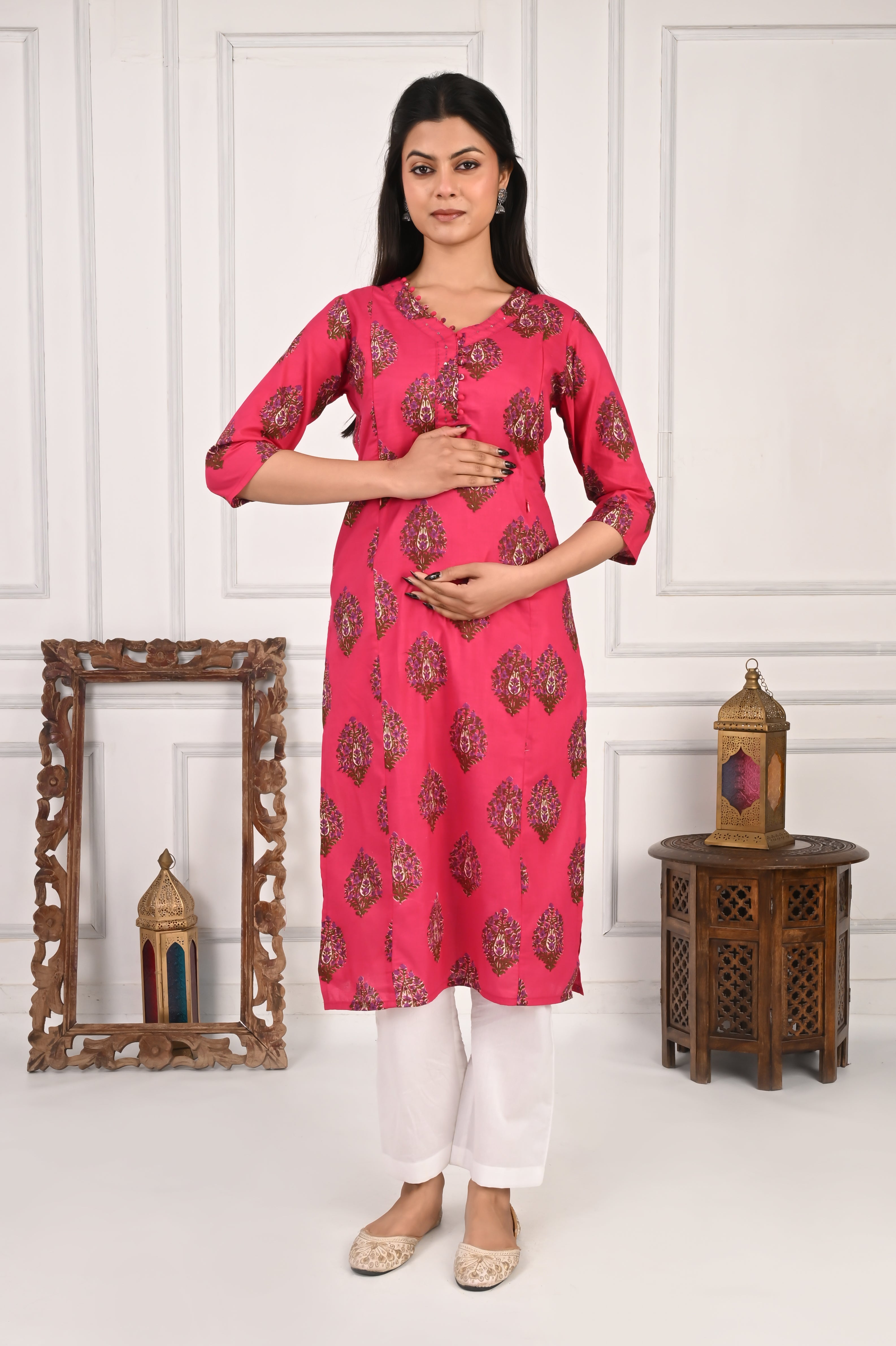 Mumzhug Fuchsia Pure Cotton Jaipuri Print Feeding Kurta