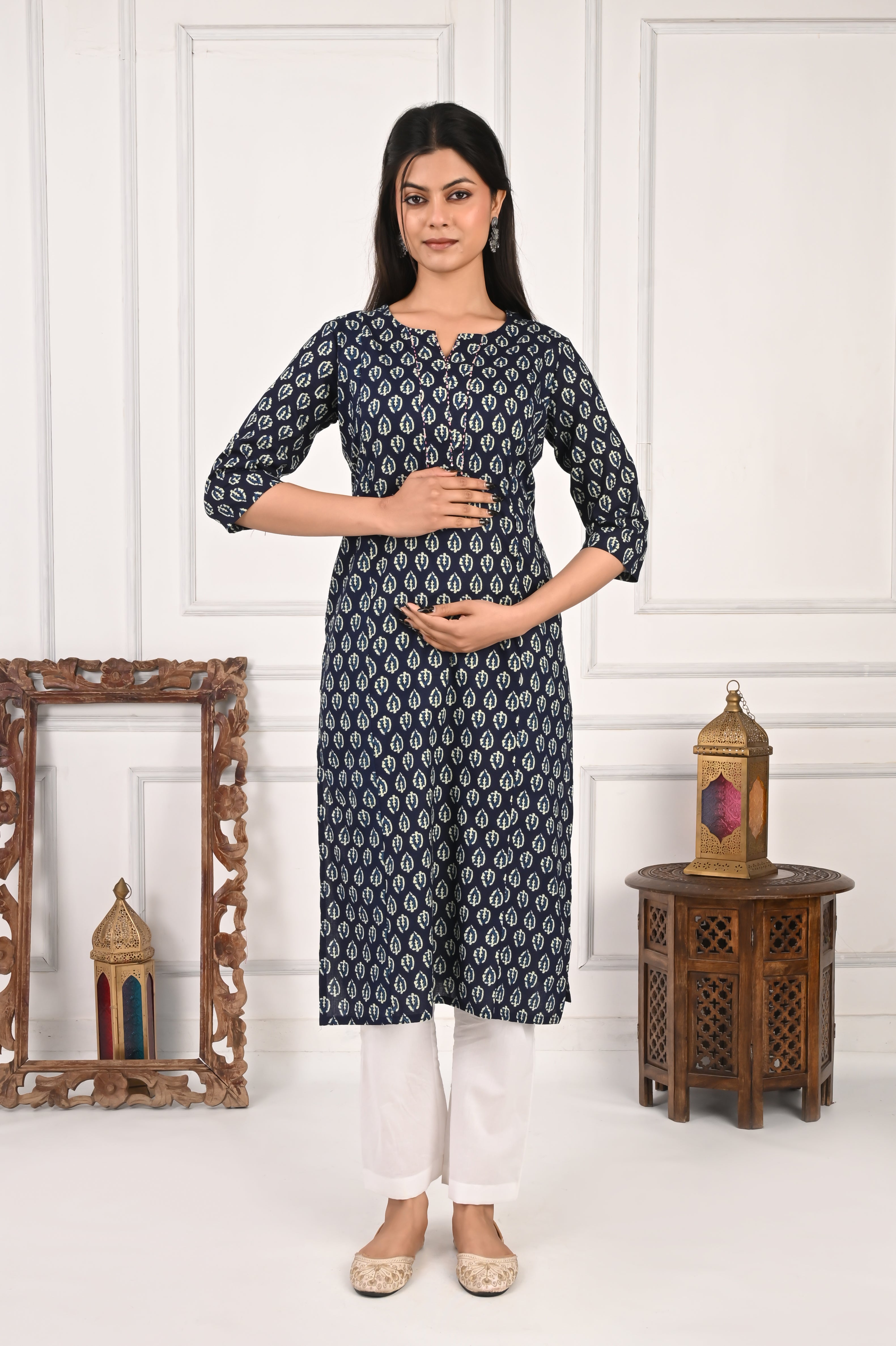 Mumzhug Blue Booti Pure Cotton Jaipuri Print Feeding Kurta