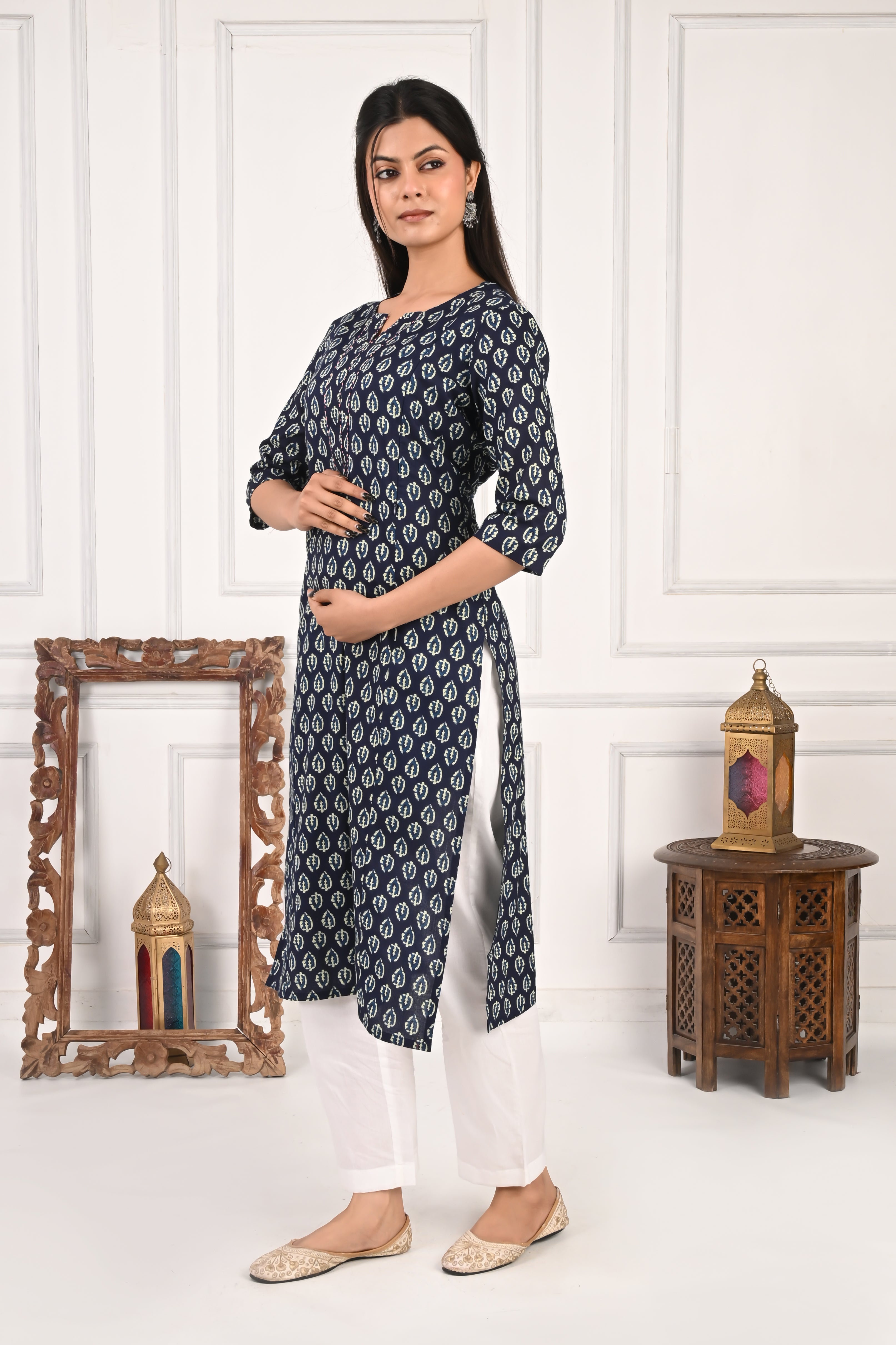 Mumzhug Blue Booti Pure Cotton Jaipuri Print Feeding Kurta