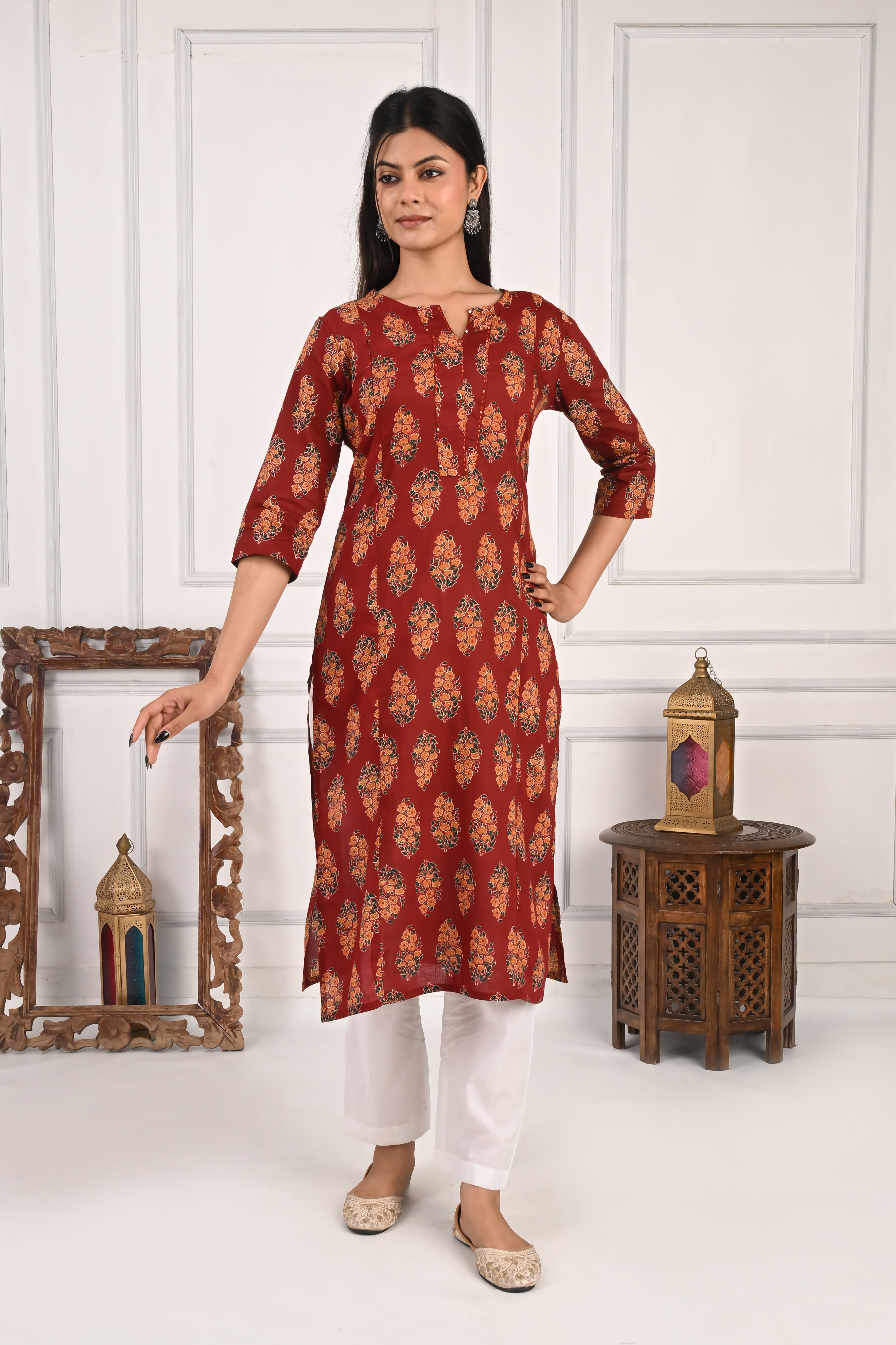 Mumzhug Maroon Color Jaipuri Print Pure Cotton Feeding Kurta