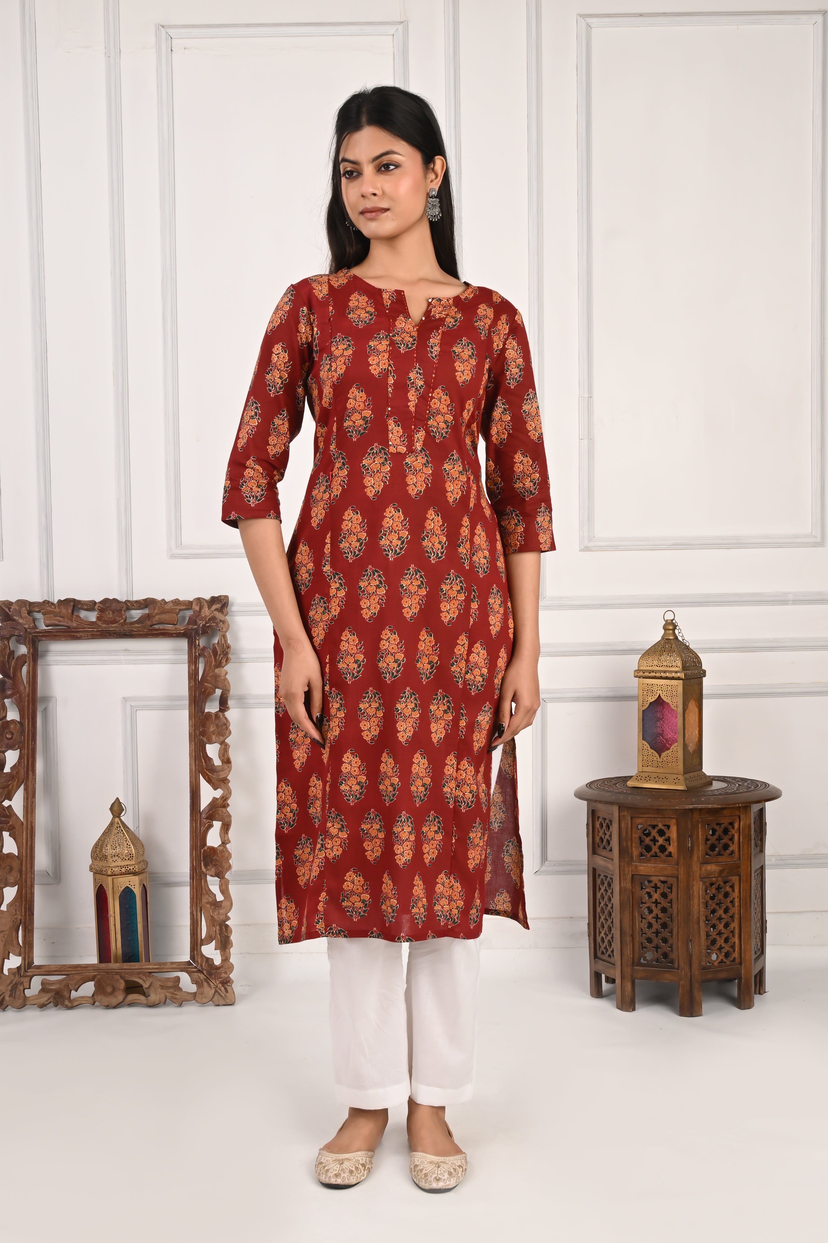 Mumzhug Maroon Color Jaipuri Print Pure Cotton Feeding Kurta