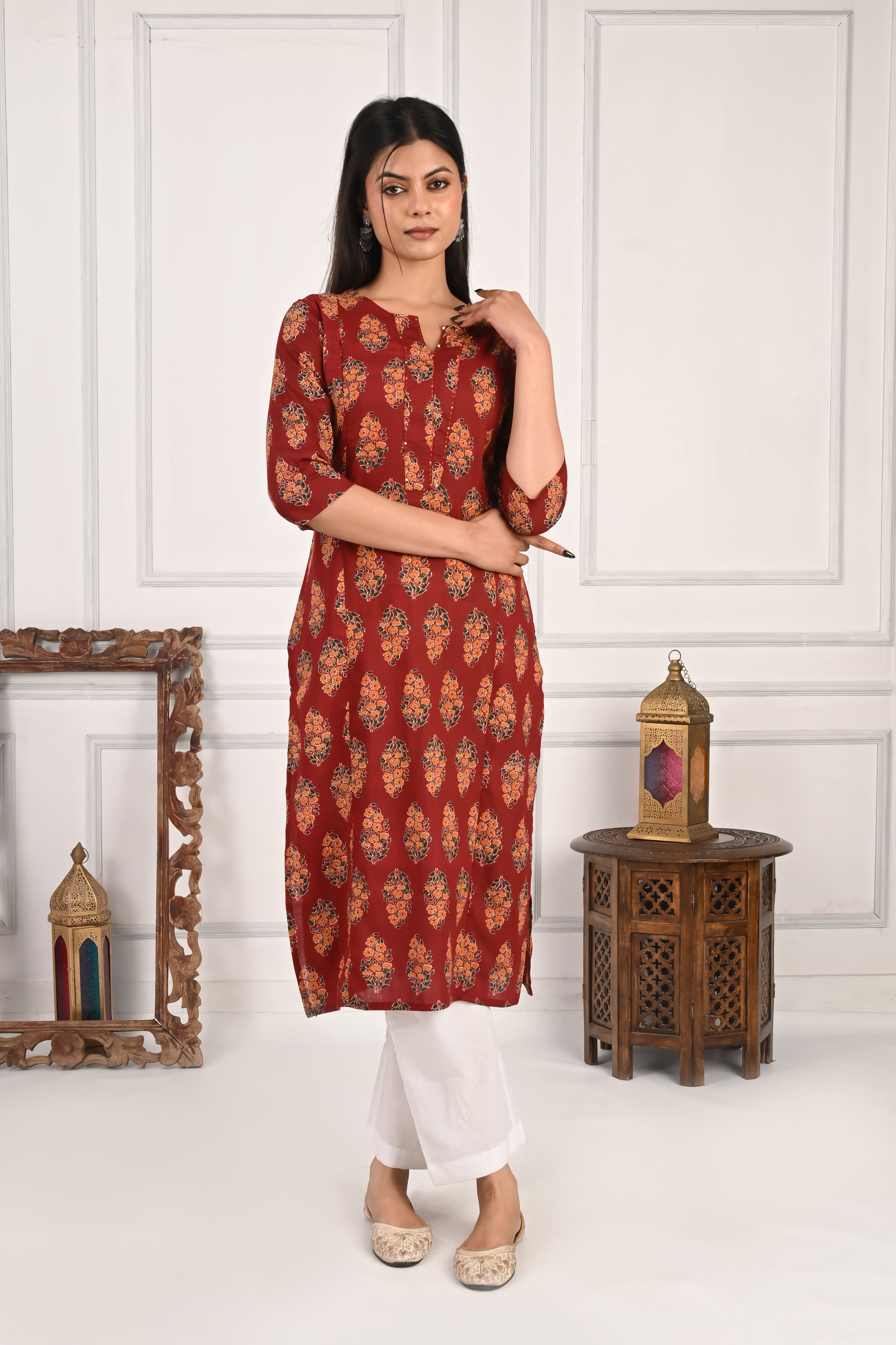 Mumzhug Maroon Color Jaipuri Print Pure Cotton Feeding Kurta