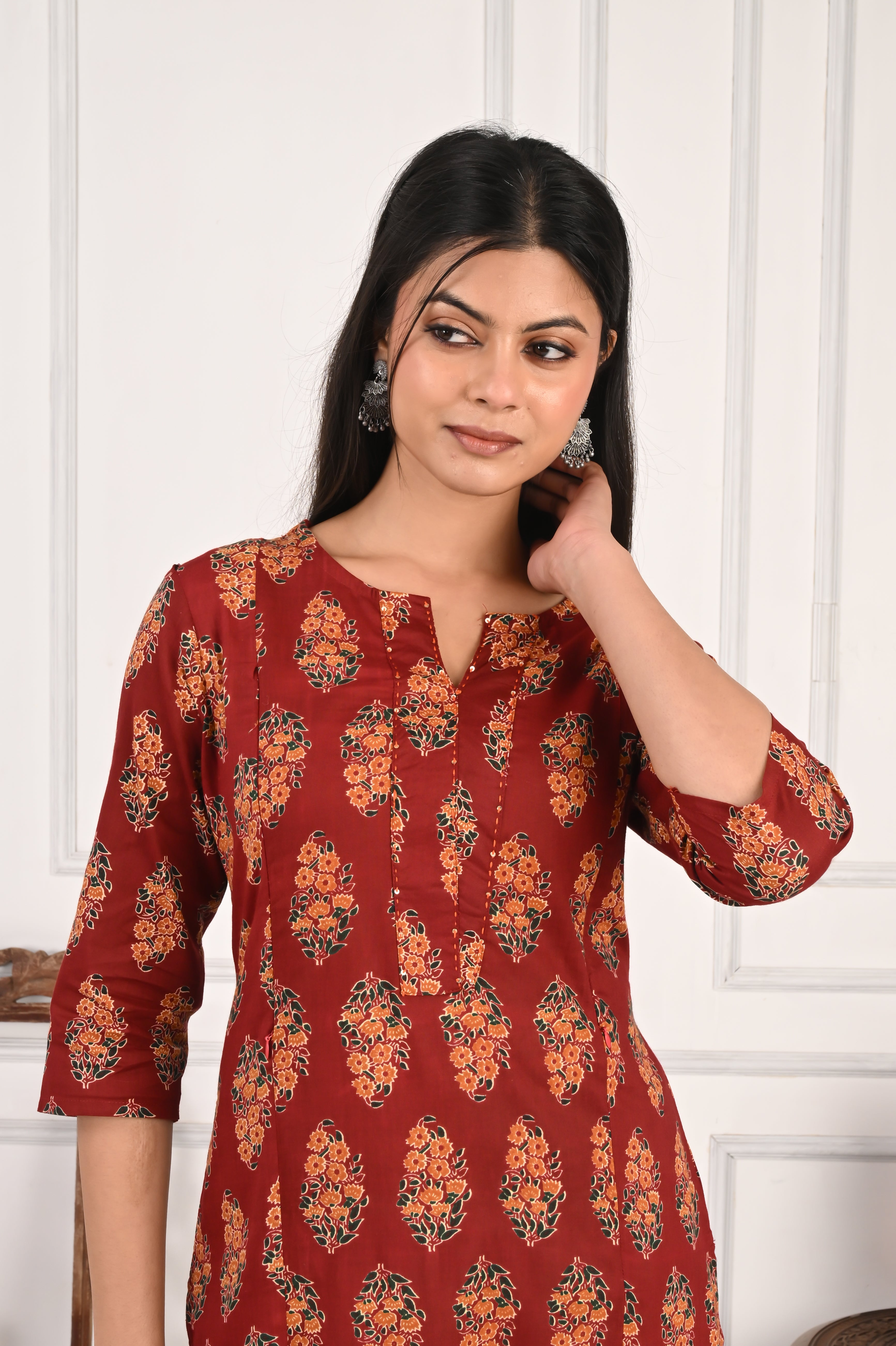 Mumzhug Maroon Color Jaipuri Print Pure Cotton Feeding Kurta