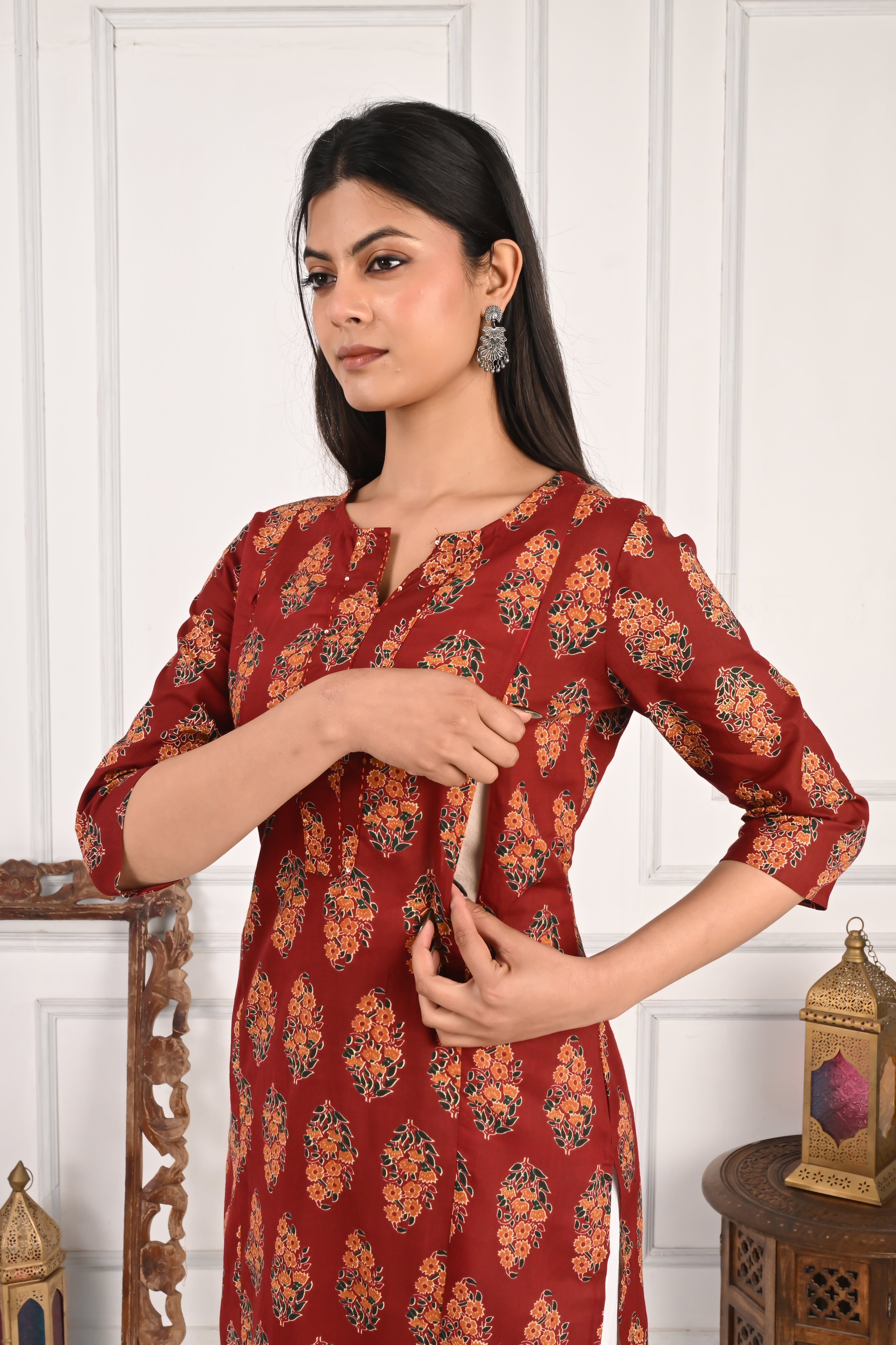 Mumzhug Maroon Color Jaipuri Print Pure Cotton Feeding Kurta