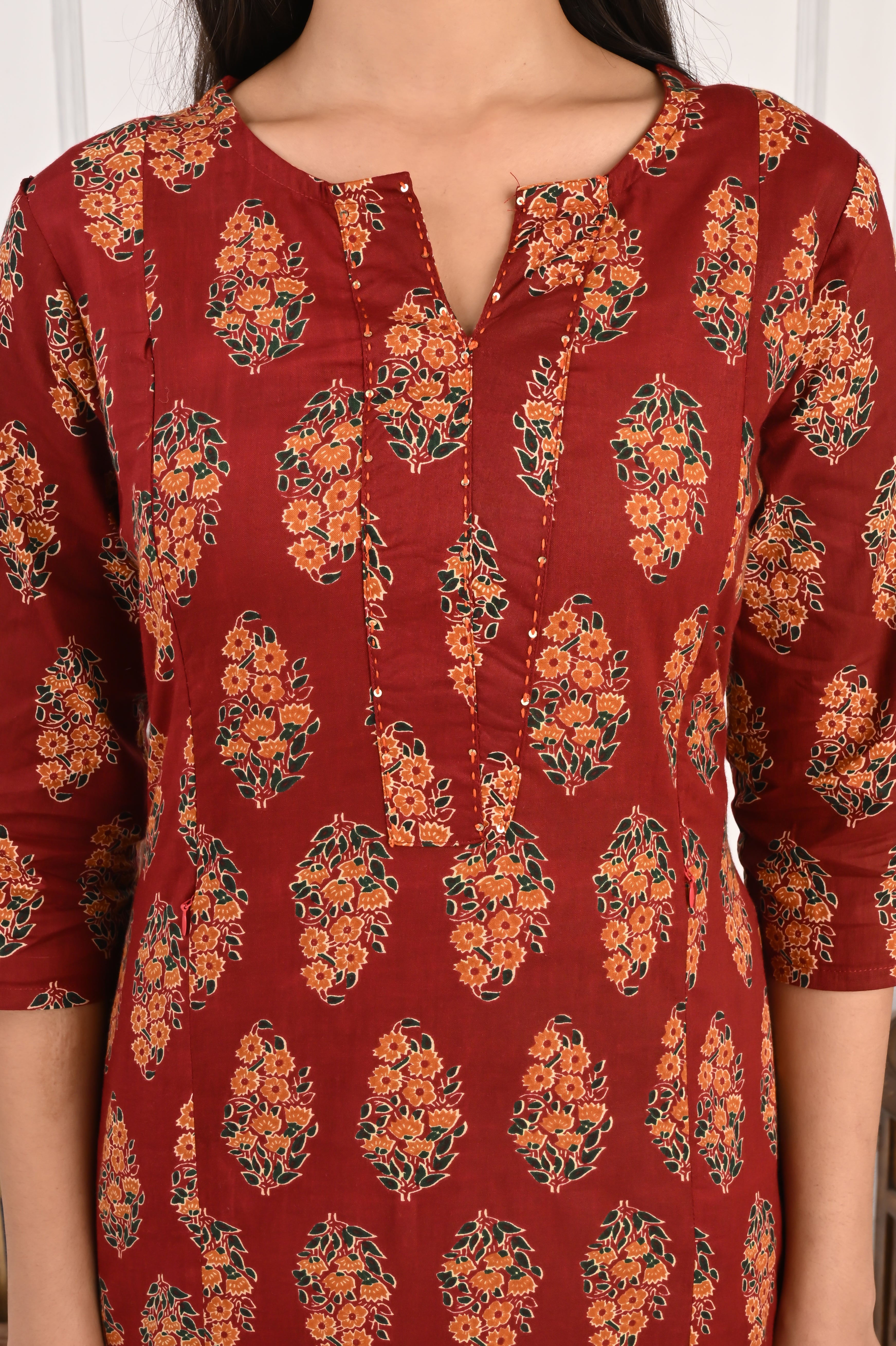Mumzhug Maroon Color Jaipuri Print Pure Cotton Feeding Kurta