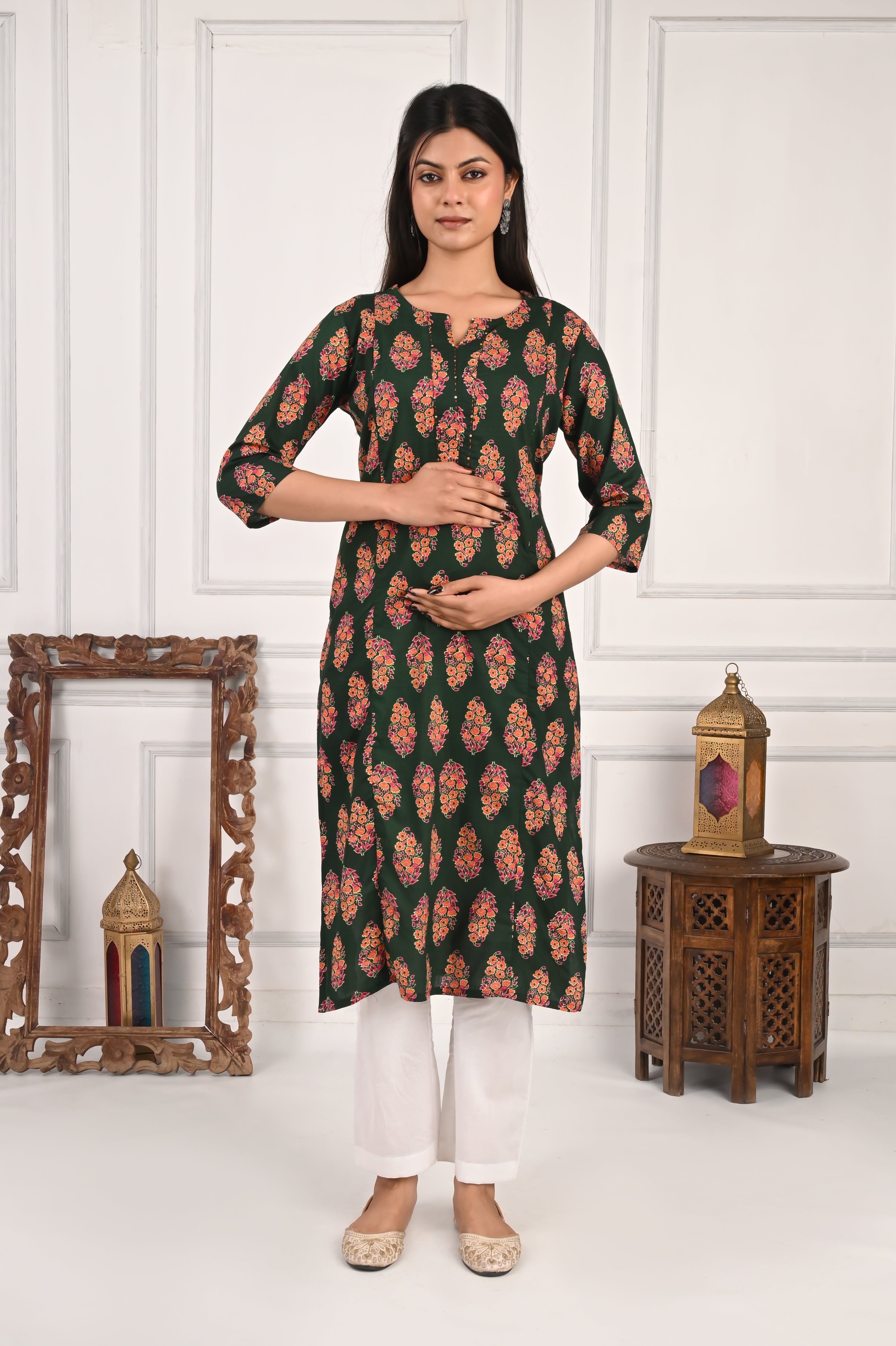 Mumzhug Bottle Green Color Jaipuri Print Pure Cotton Feeding Kurta