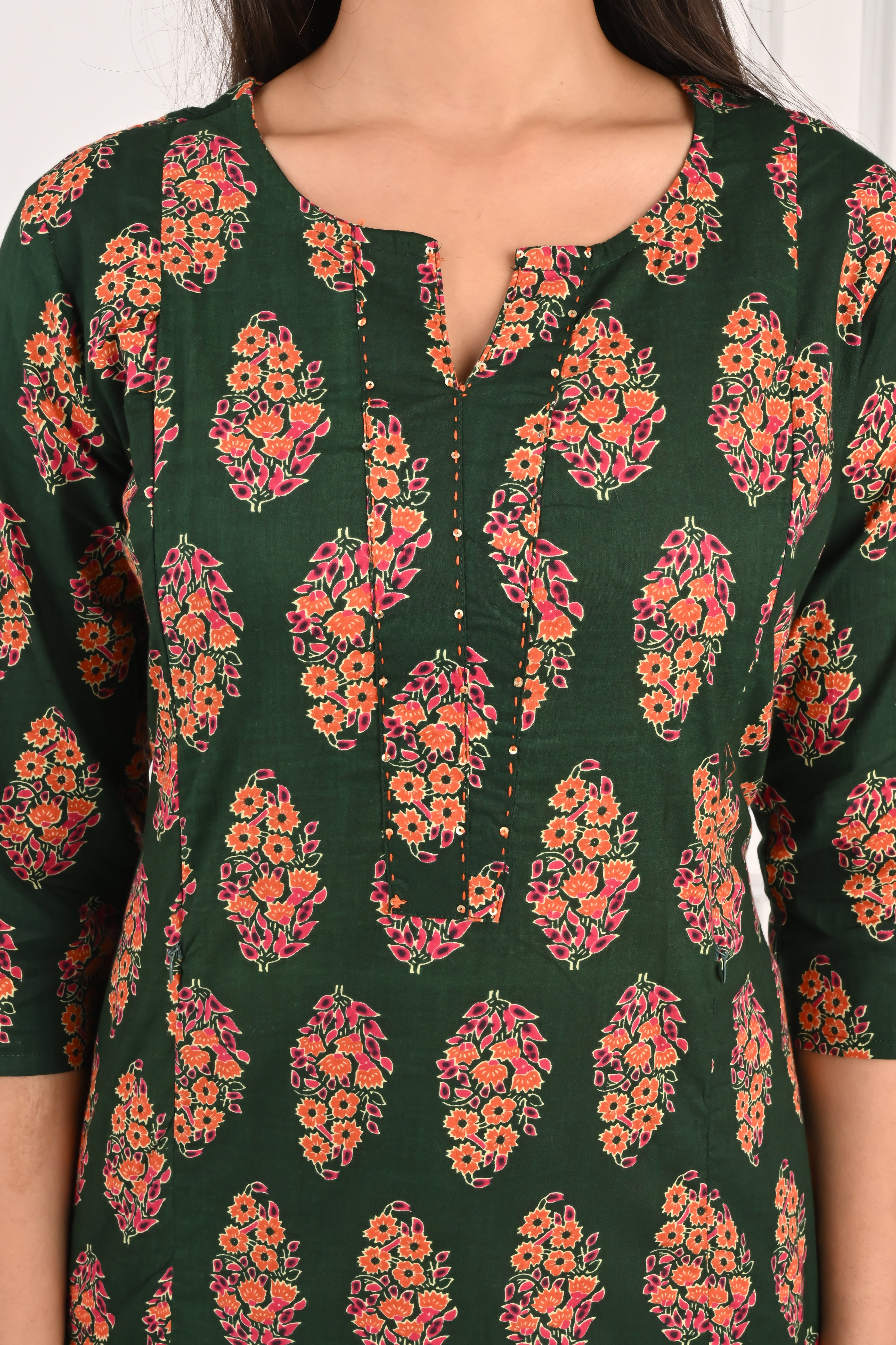 Mumzhug Bottle Green Color Jaipuri Print Pure Cotton Feeding Kurta