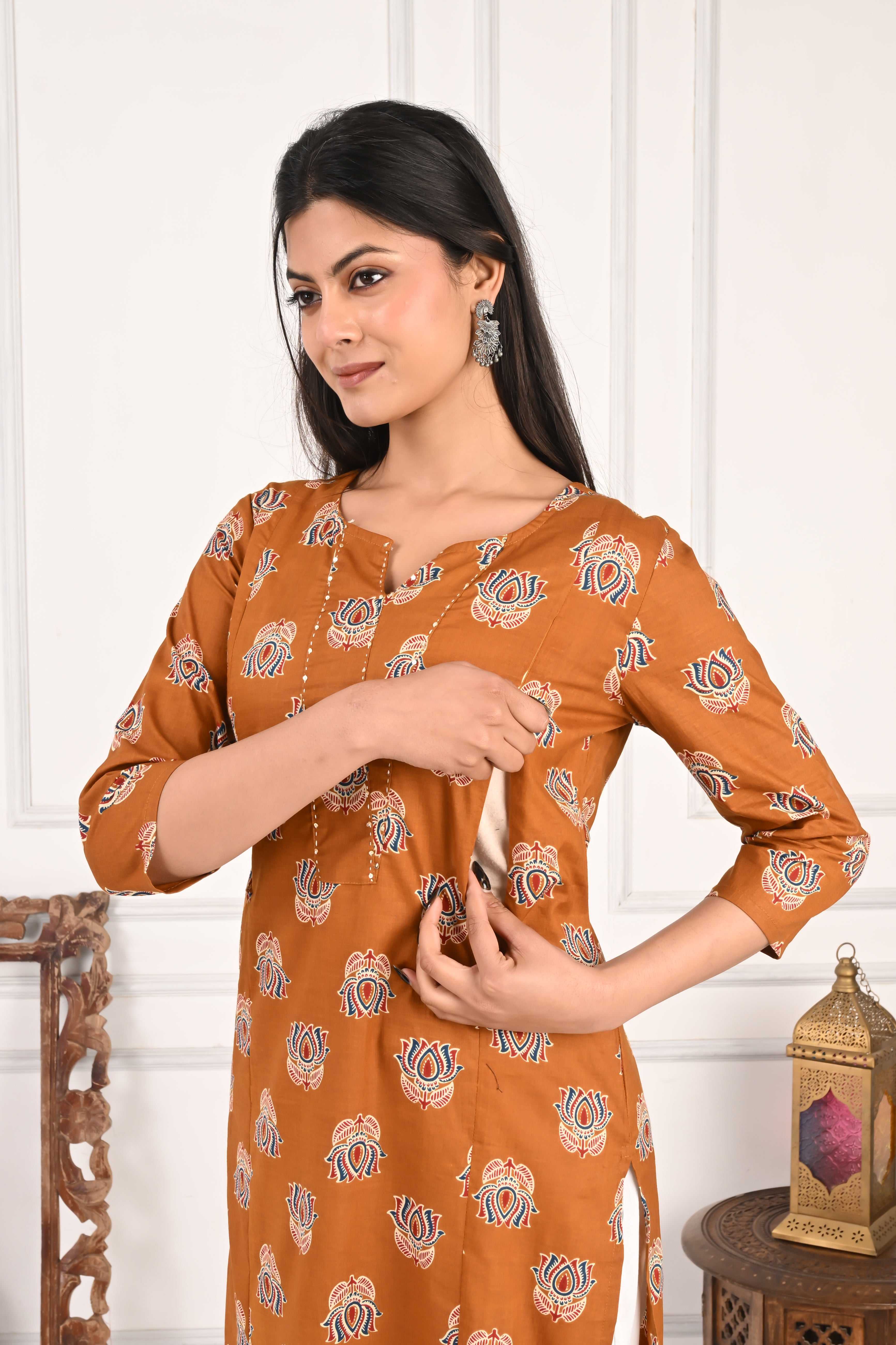 Mumzhug Mustard Color Pure Cotton Feeding Kurta