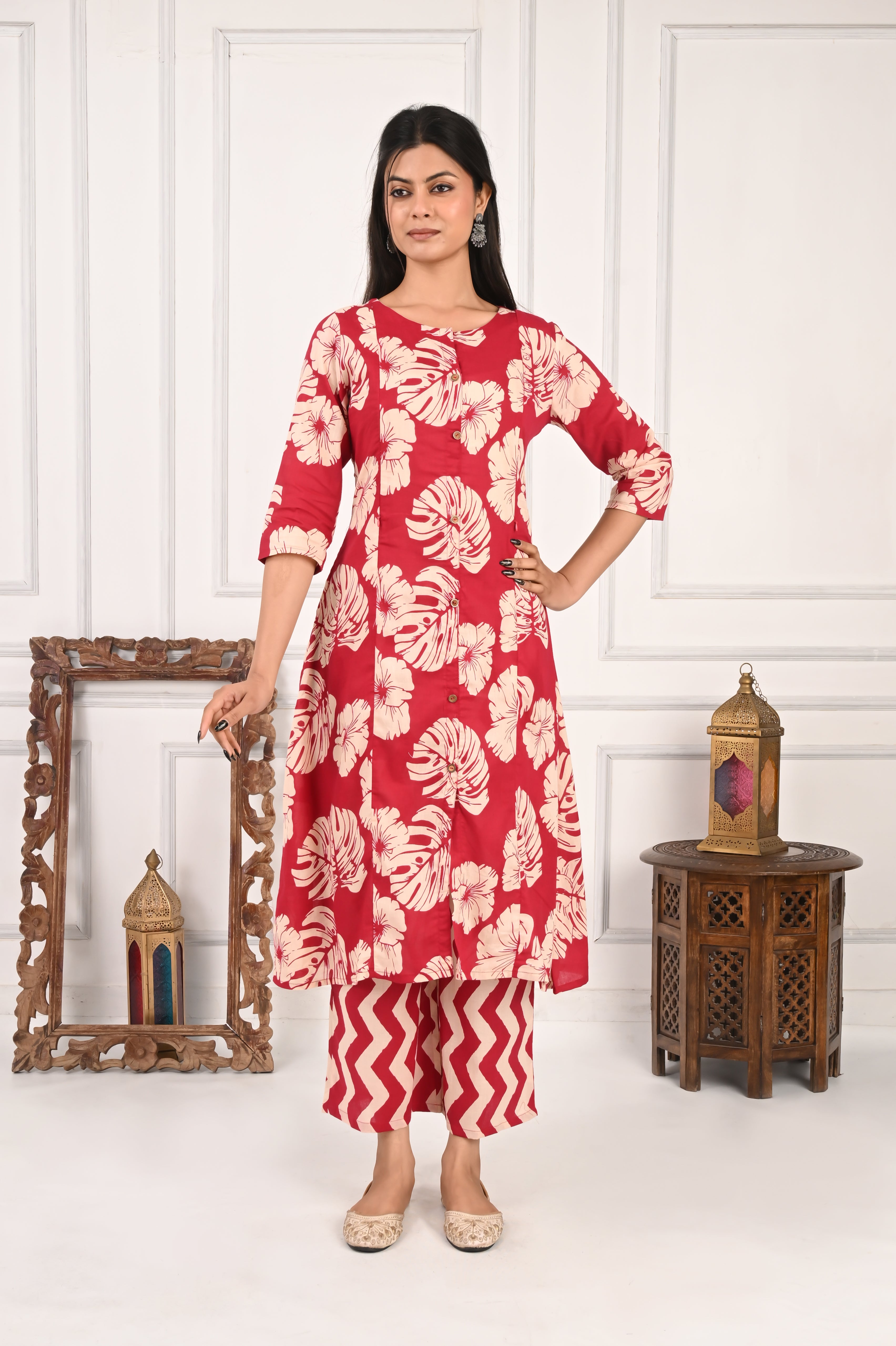 Mumzhug Pure Cotton Fuchsia Floral Print Feeding Cord Set with Both Side Feeding Zipper