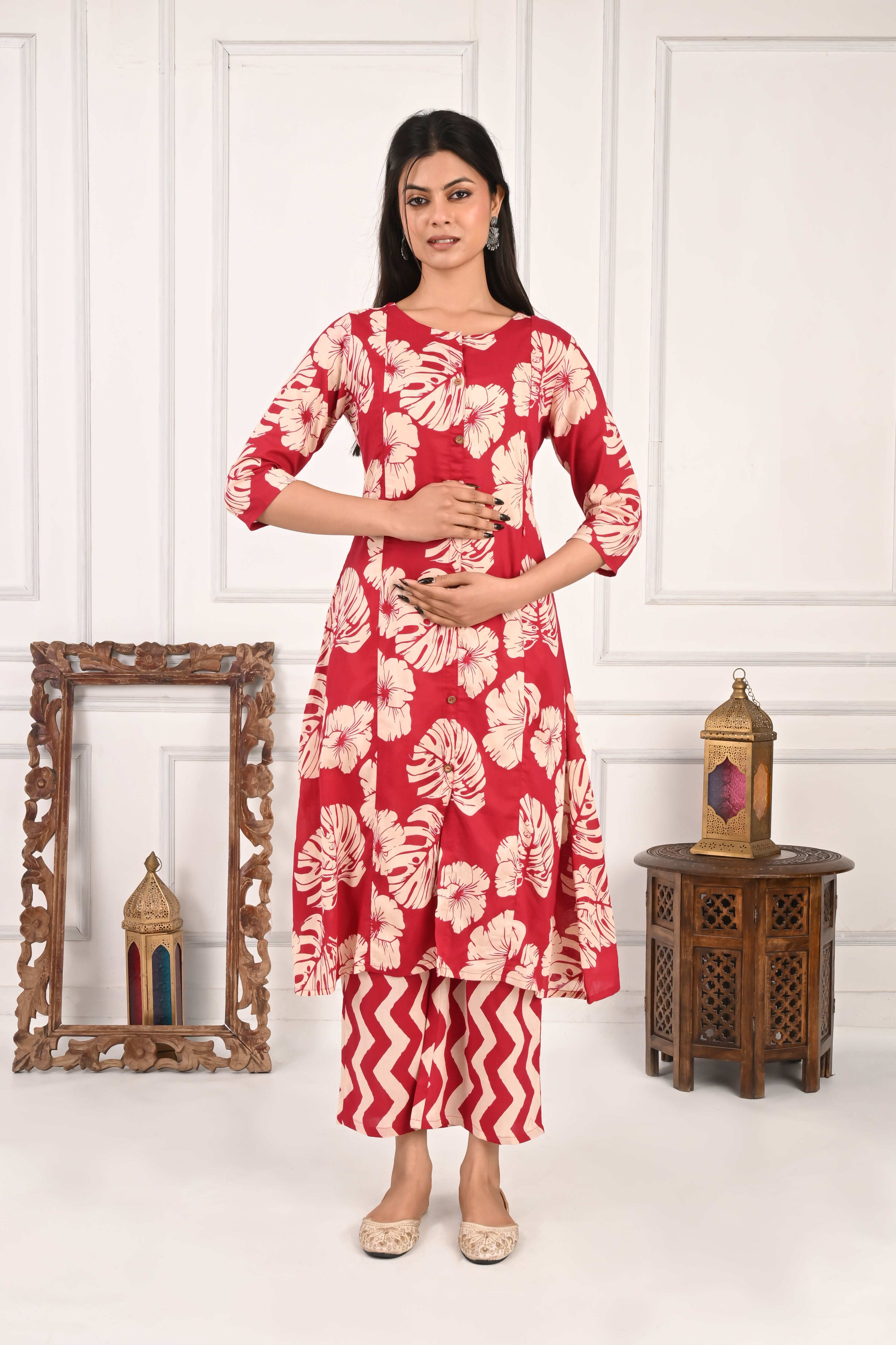 Mumzhug Pure Cotton Fuchsia Floral Print Feeding Cord Set with Both Side Feeding Zipper