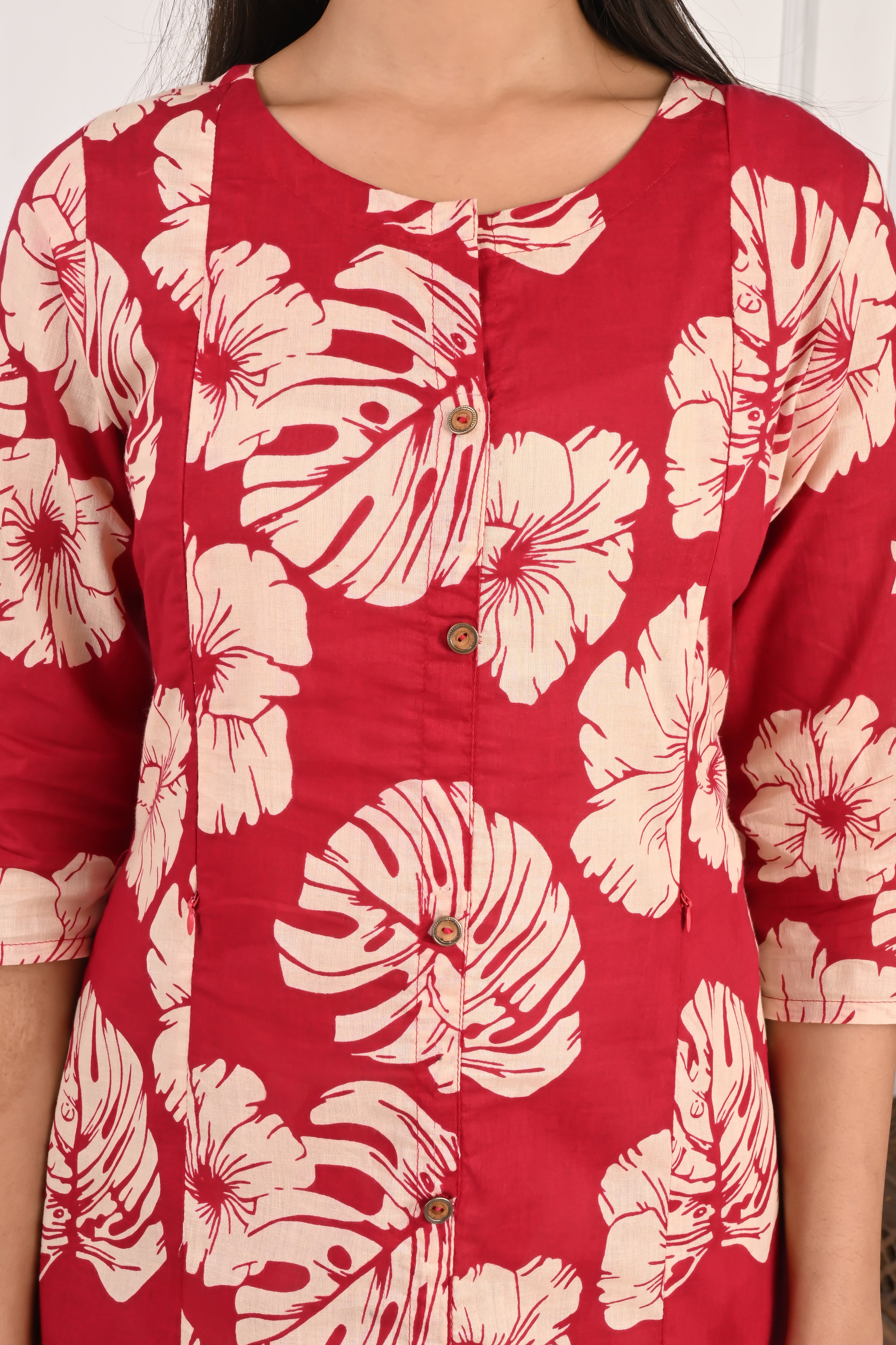 Mumzhug Pure Cotton Fuchsia Floral Print Feeding Cord Set with Both Side Feeding Zipper