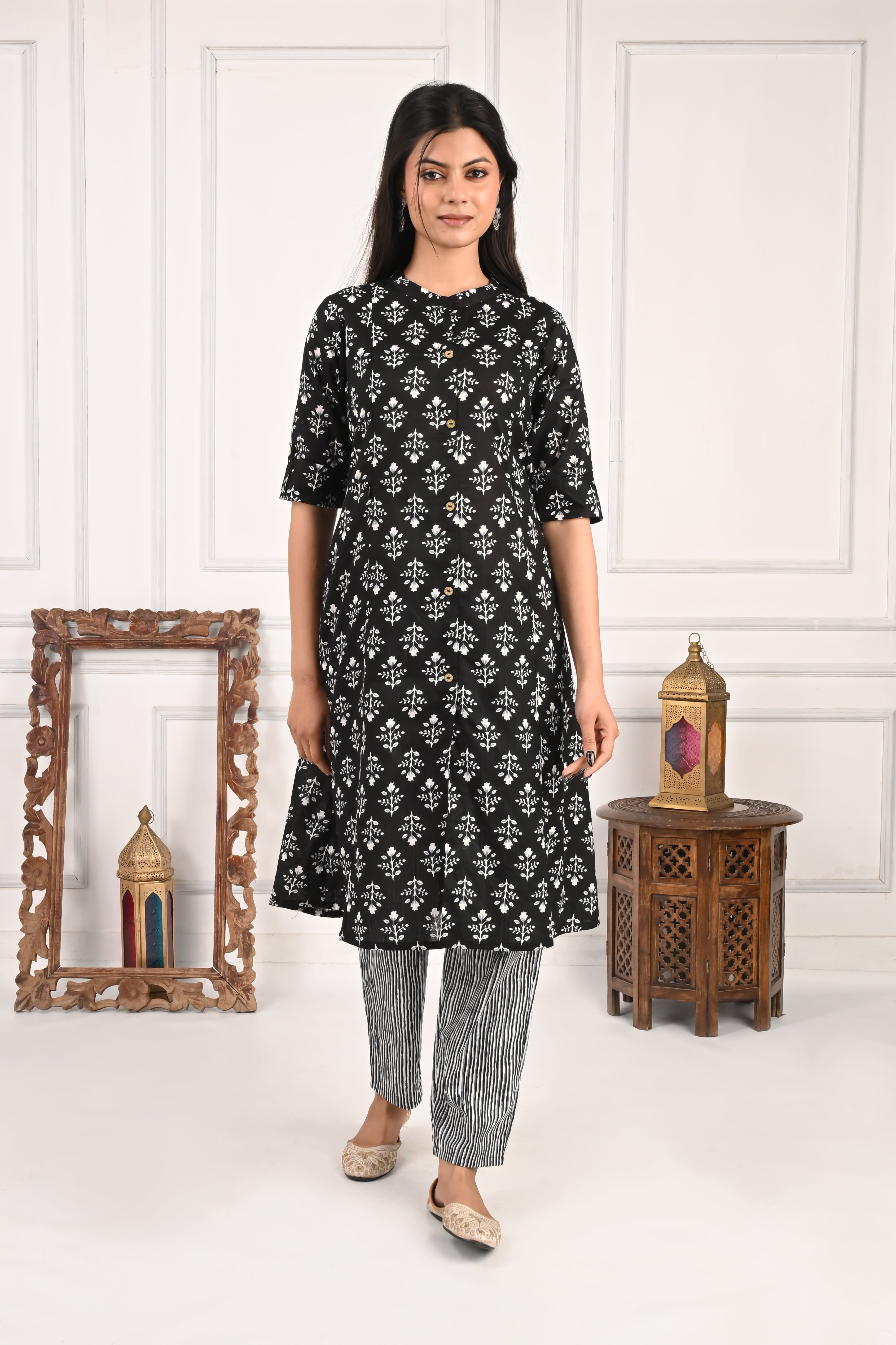 Black Pure Cotton Printed Feeding Kurta and Pant Set