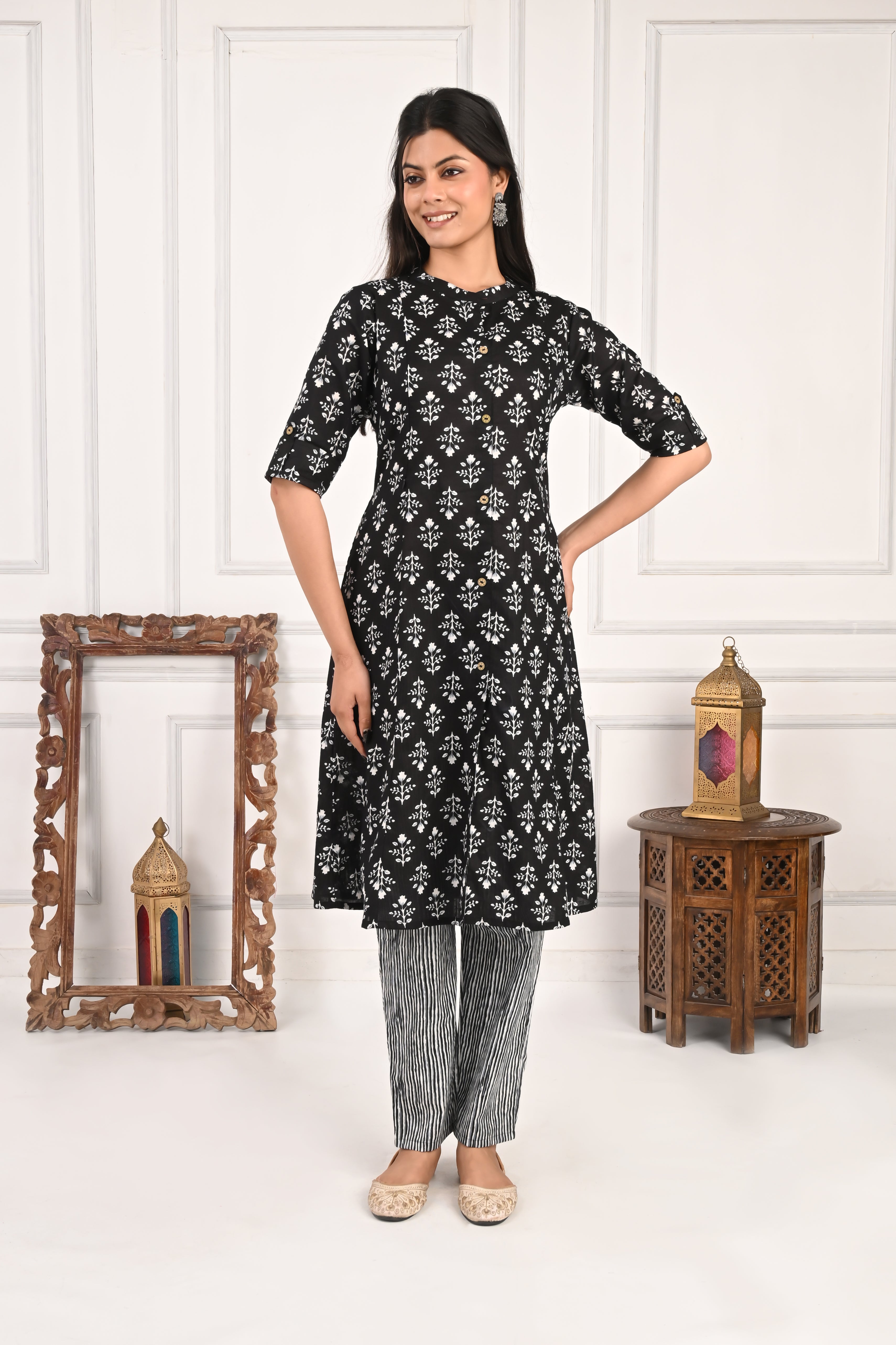 Black Pure Cotton Printed Feeding Kurta and Pant Set