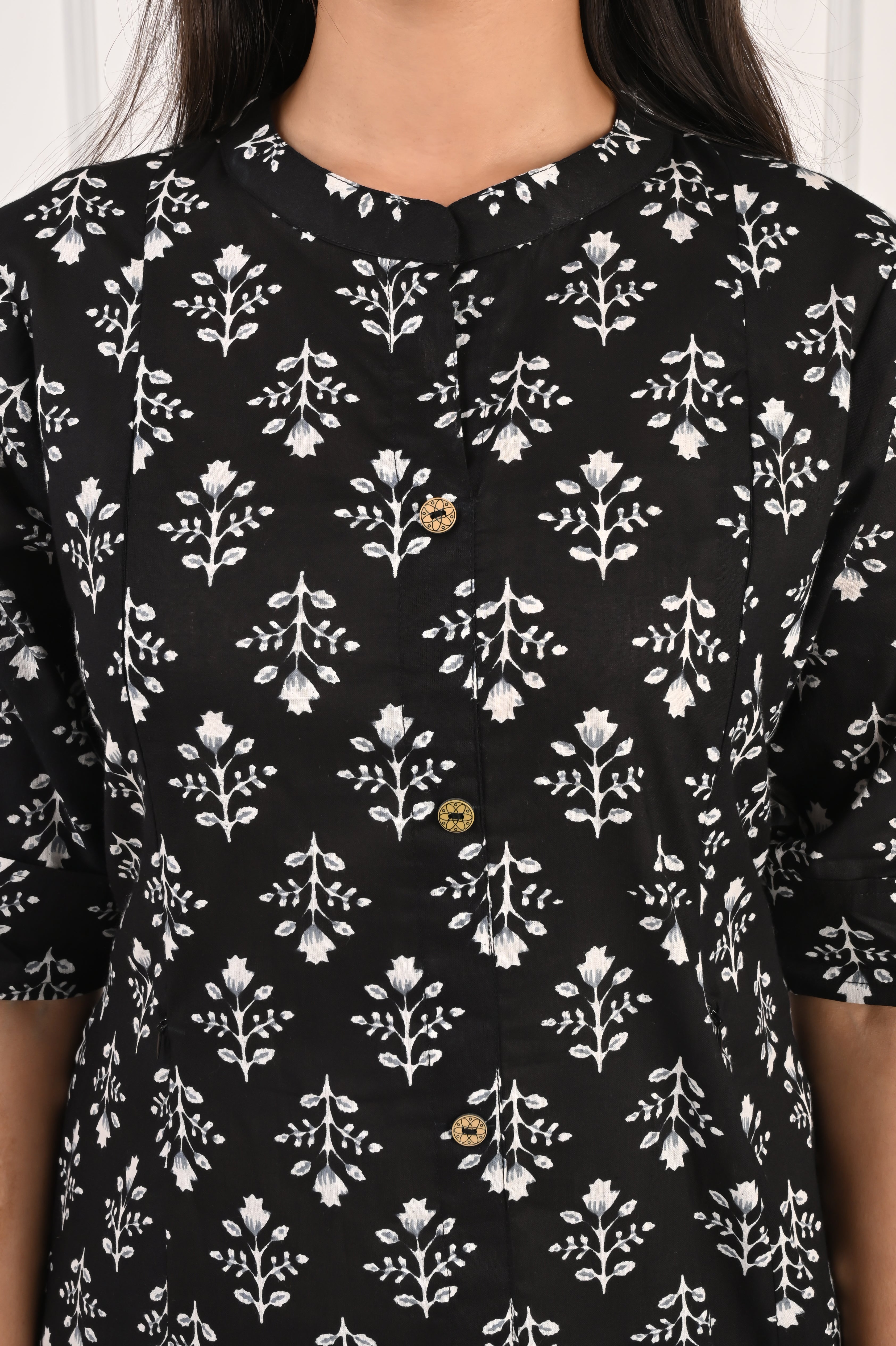 Black Pure Cotton Printed Feeding Kurta and Pant Set