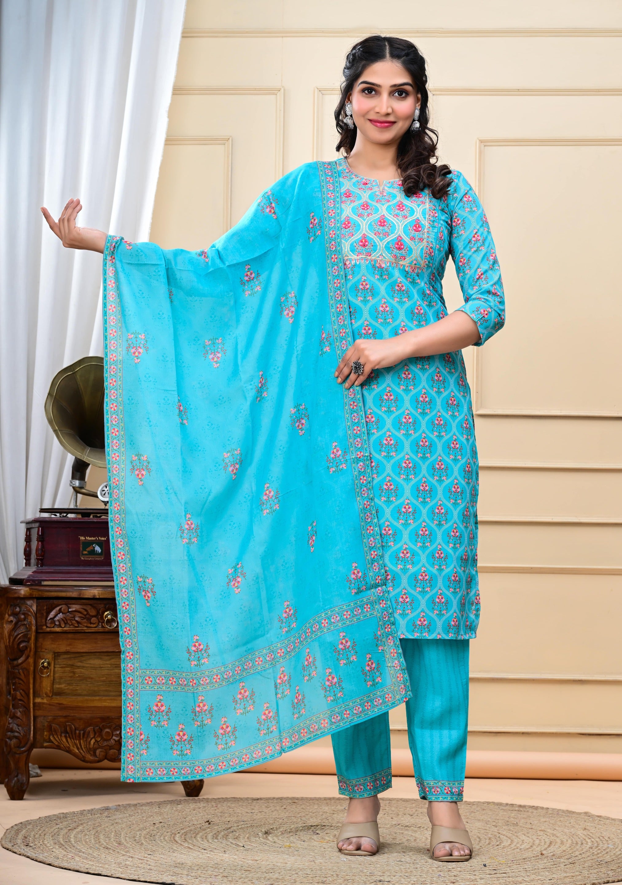 Aqua colored cotton embroidered kurta pant and dupatta set with attached lining for feeding purpose