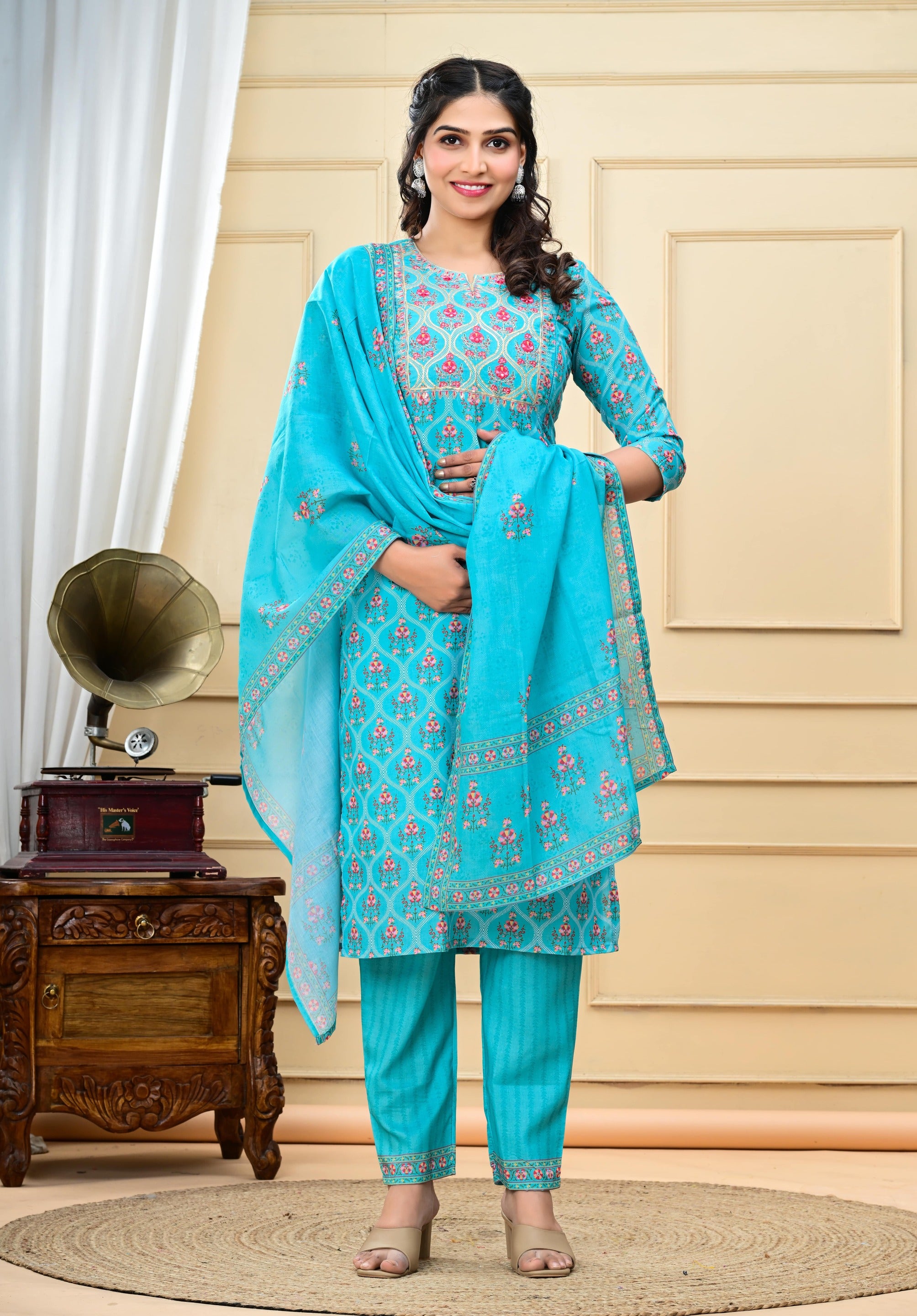 Aqua colored cotton embroidered kurta pant and dupatta set with attached lining for feeding purpose