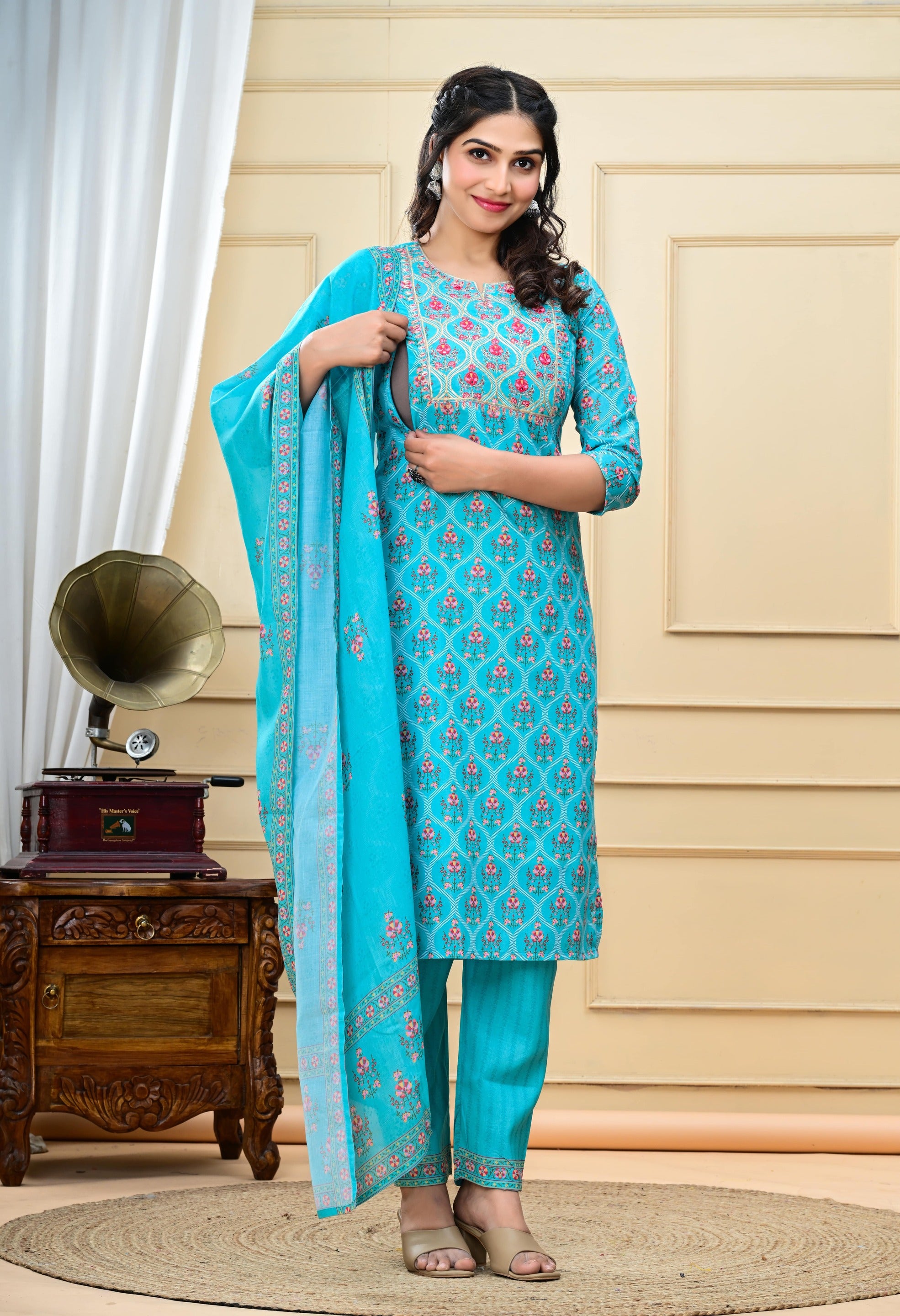 Aqua colored cotton embroidered kurta pant and dupatta set with attached lining for feeding purpose