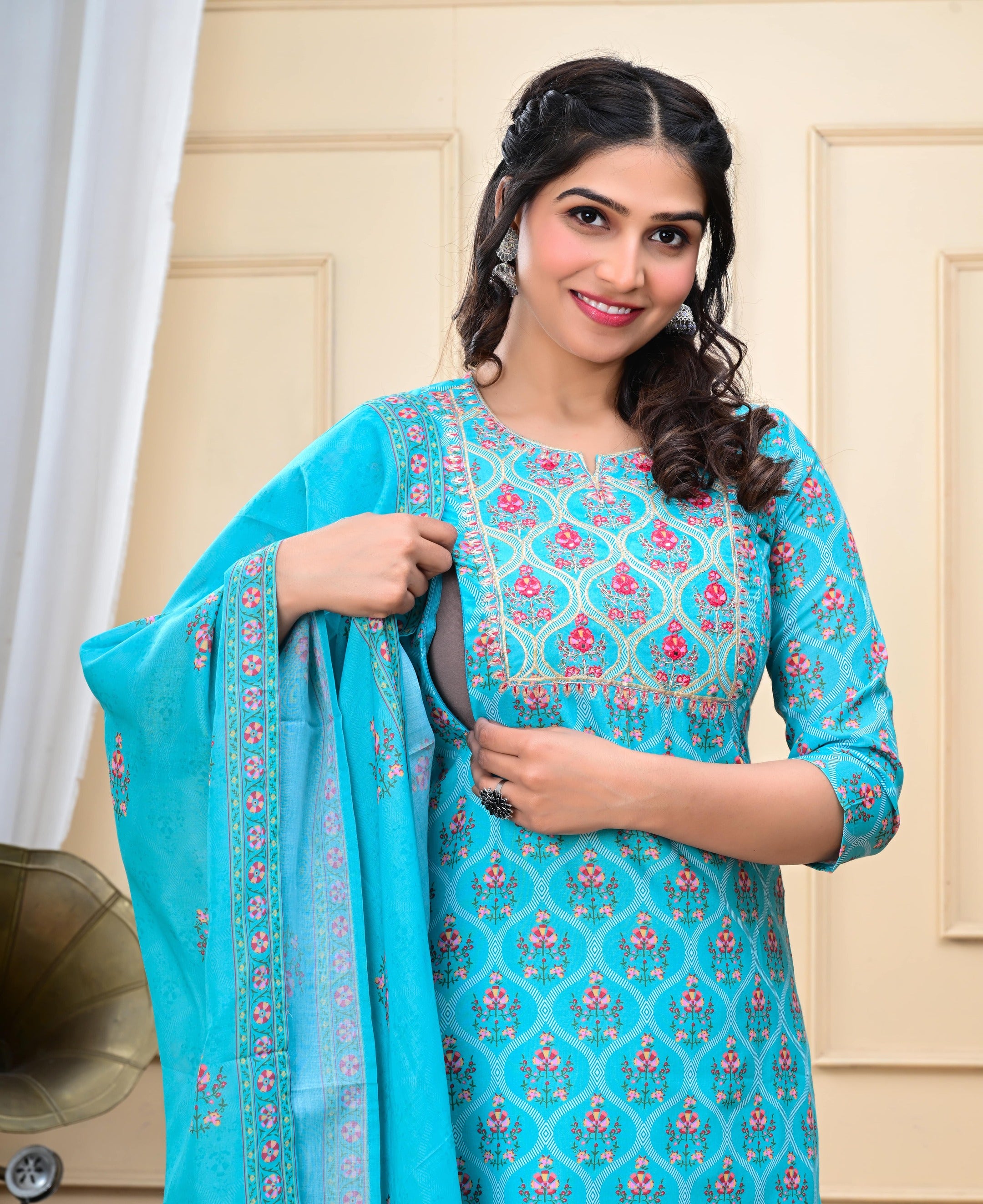 Aqua colored cotton embroidered kurta pant and dupatta set with attached lining for feeding purpose