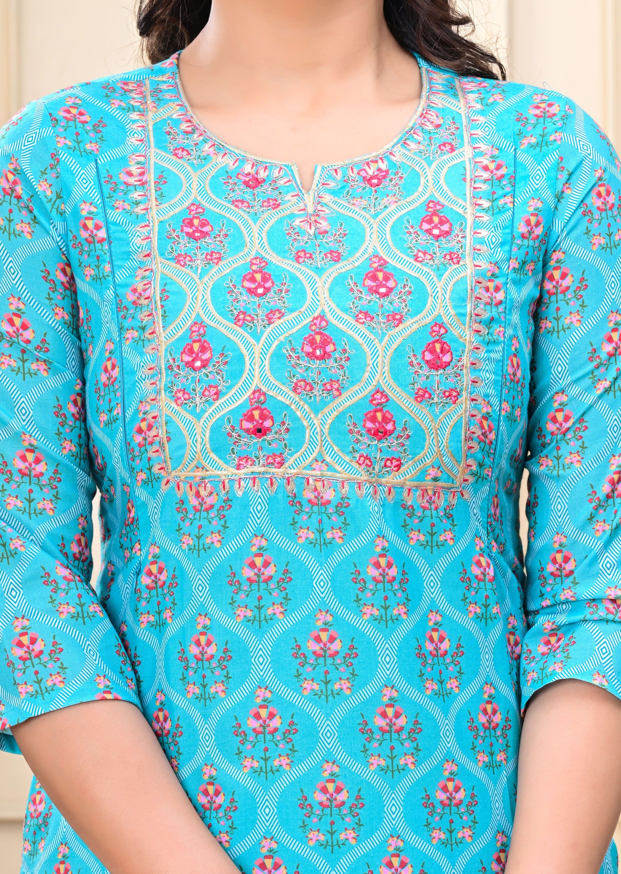Aqua colored cotton embroidered kurta pant and dupatta set with attached lining for feeding purpose
