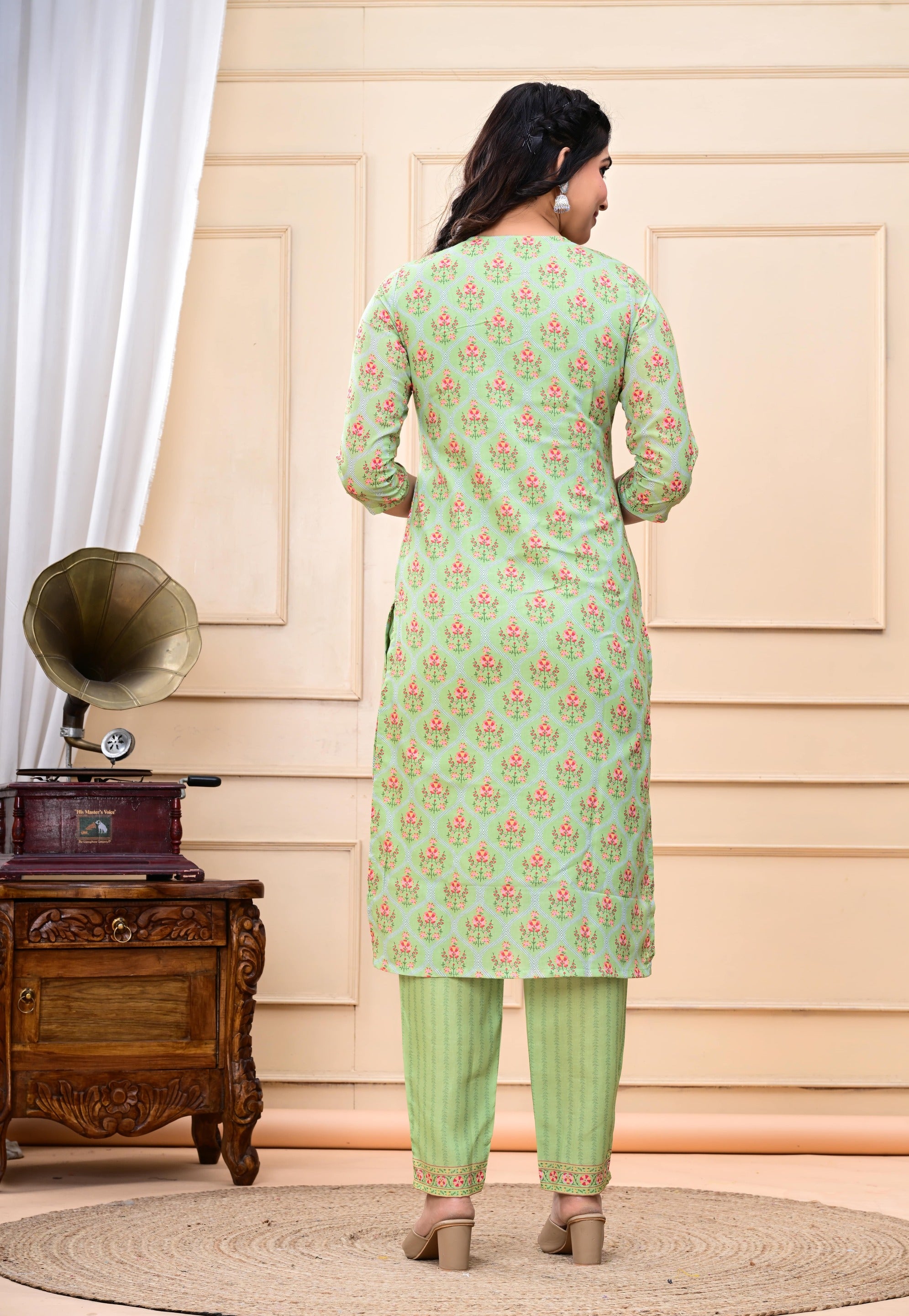 Pista colored cotton embroidered kurta pant and dupatta set with attached lining for feeding purpose