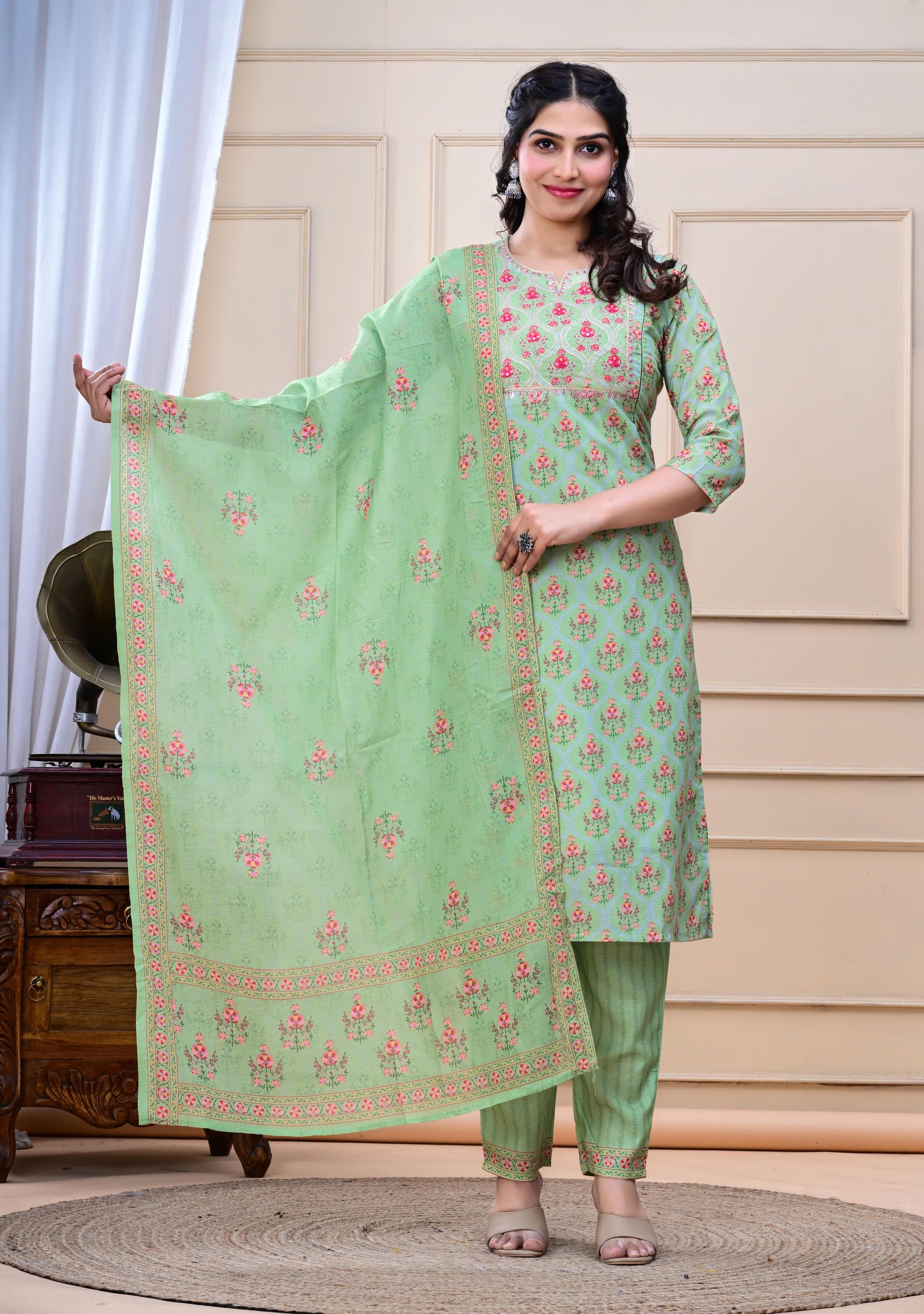 Pista colored cotton embroidered kurta pant and dupatta set with attached lining for feeding purpose