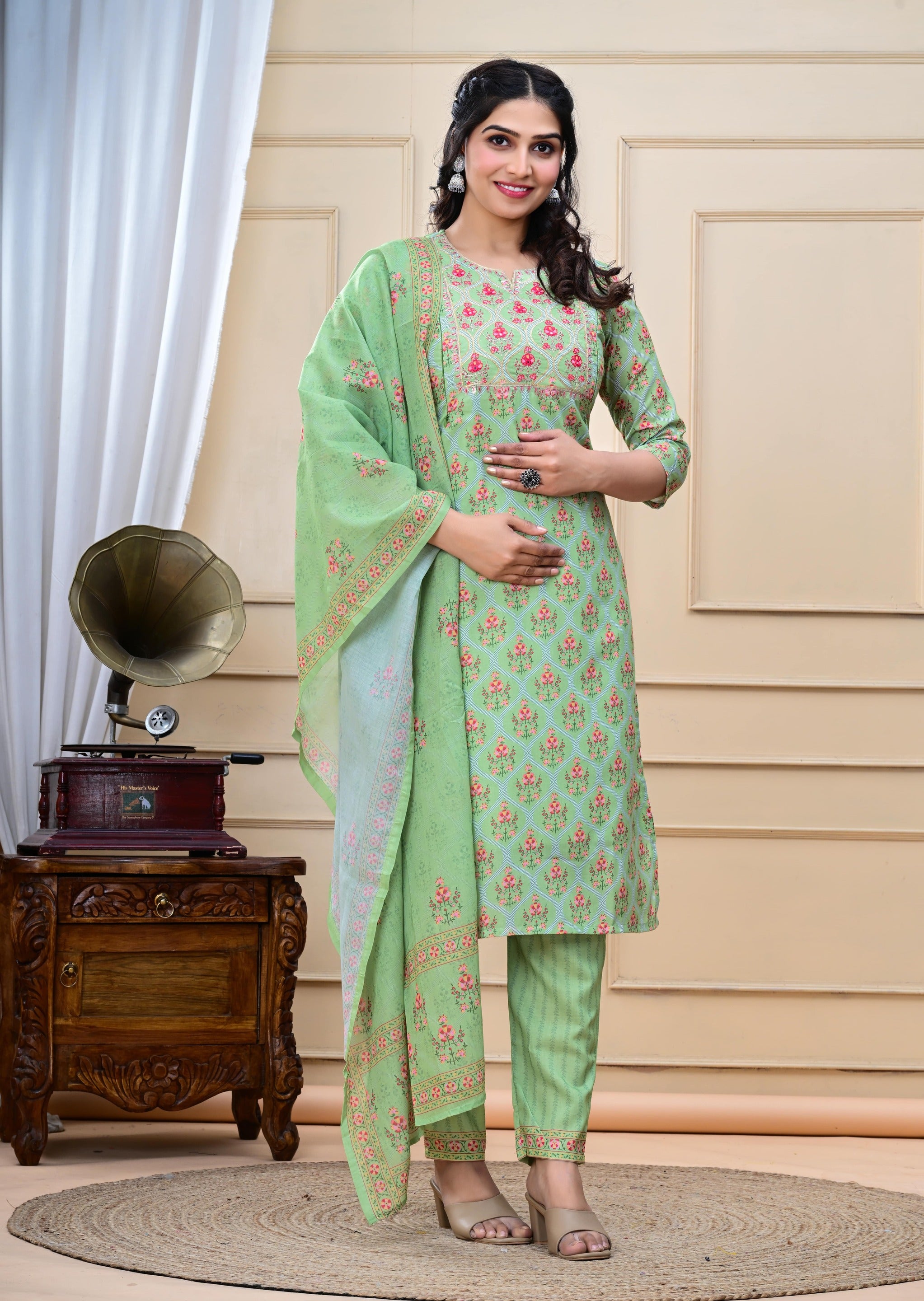 Pista colored cotton embroidered kurta pant and dupatta set with attached lining for feeding purpose