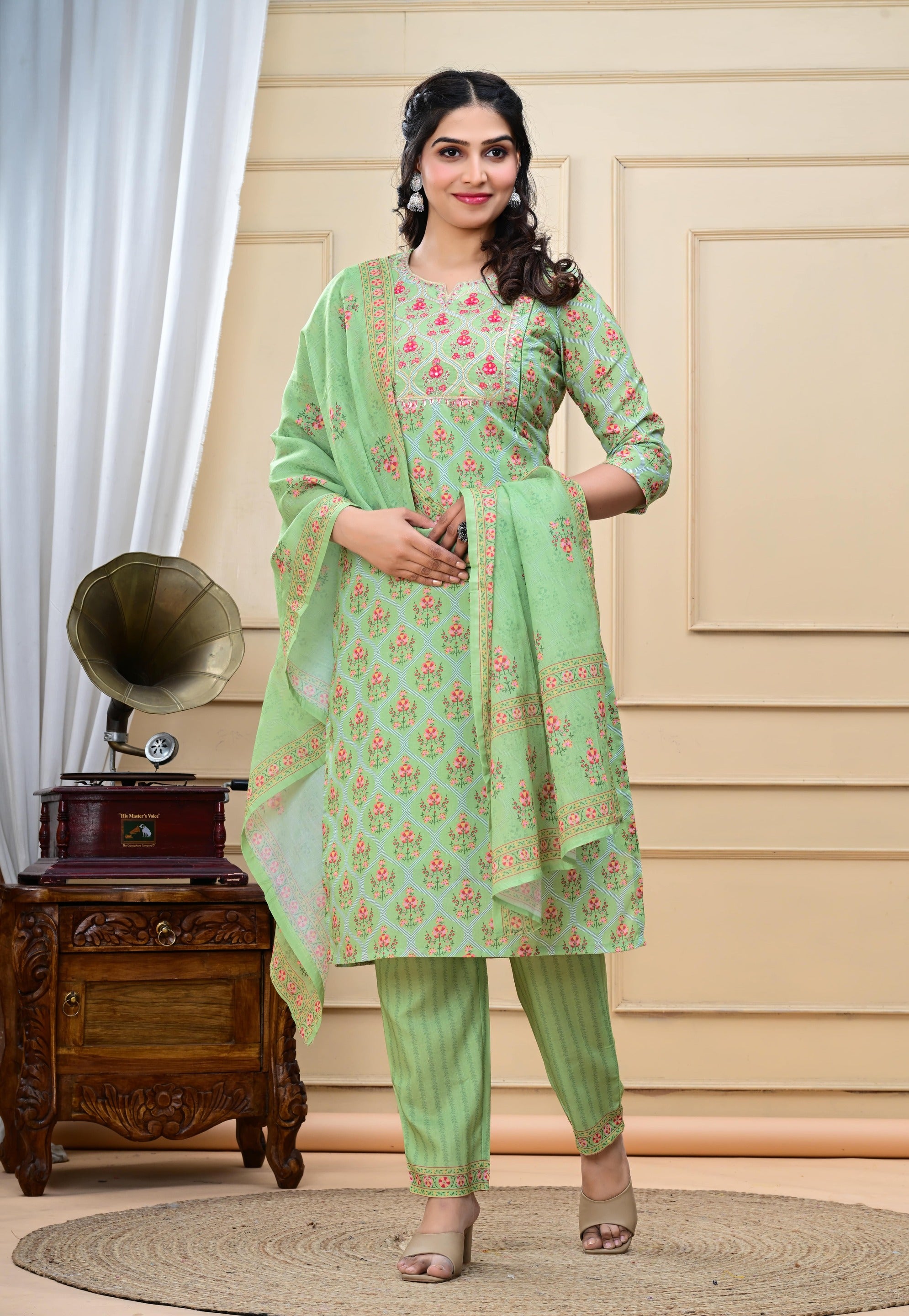 Pista colored cotton embroidered kurta pant and dupatta set with attached lining for feeding purpose