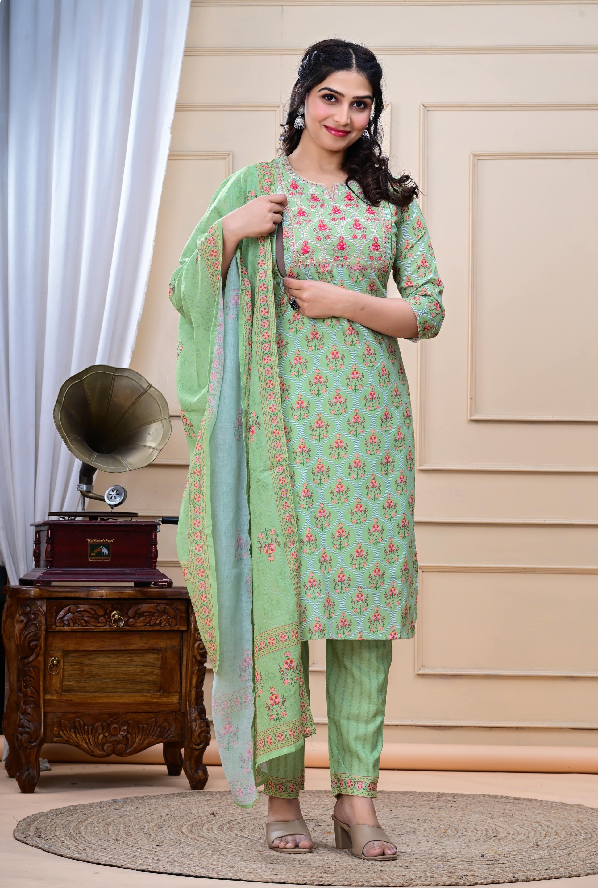 Pista colored cotton embroidered kurta pant and dupatta set with attached lining for feeding purpose