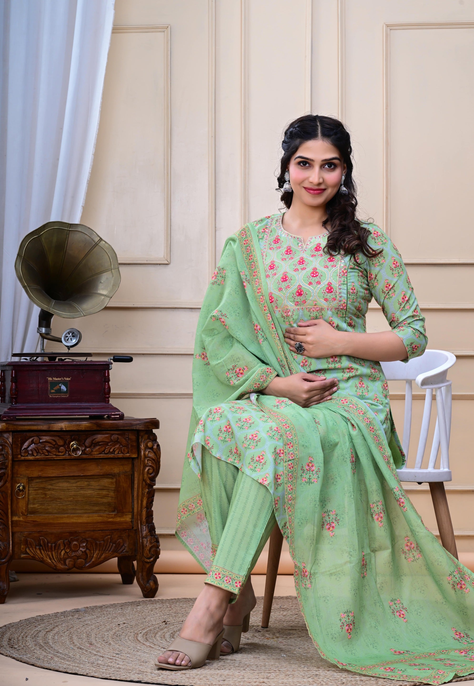 Pista colored cotton embroidered kurta pant and dupatta set with attached lining for feeding purpose
