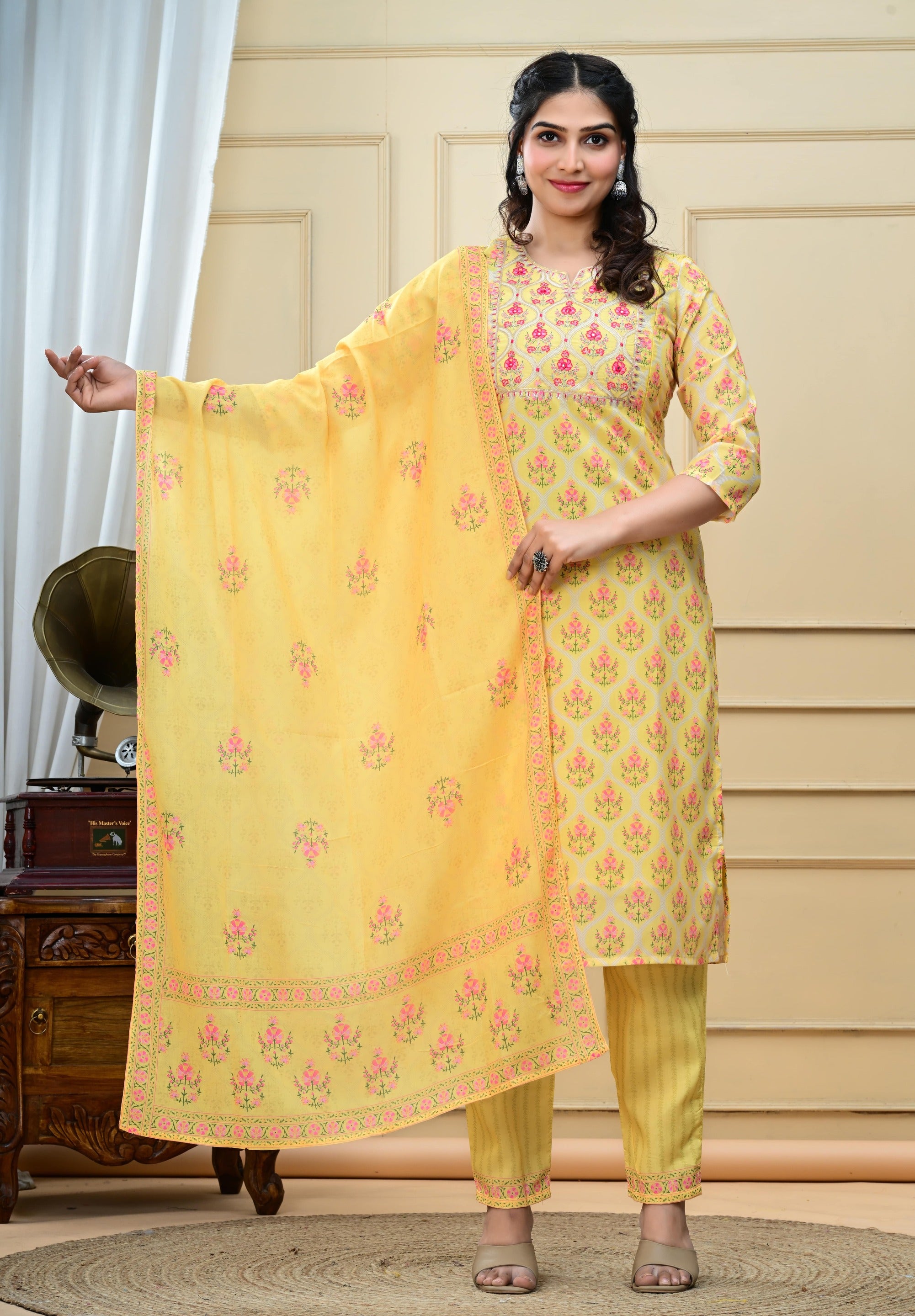 Lemon colored cotton embroidered kurta pant and dupatta set with attached lining for feeding purpose