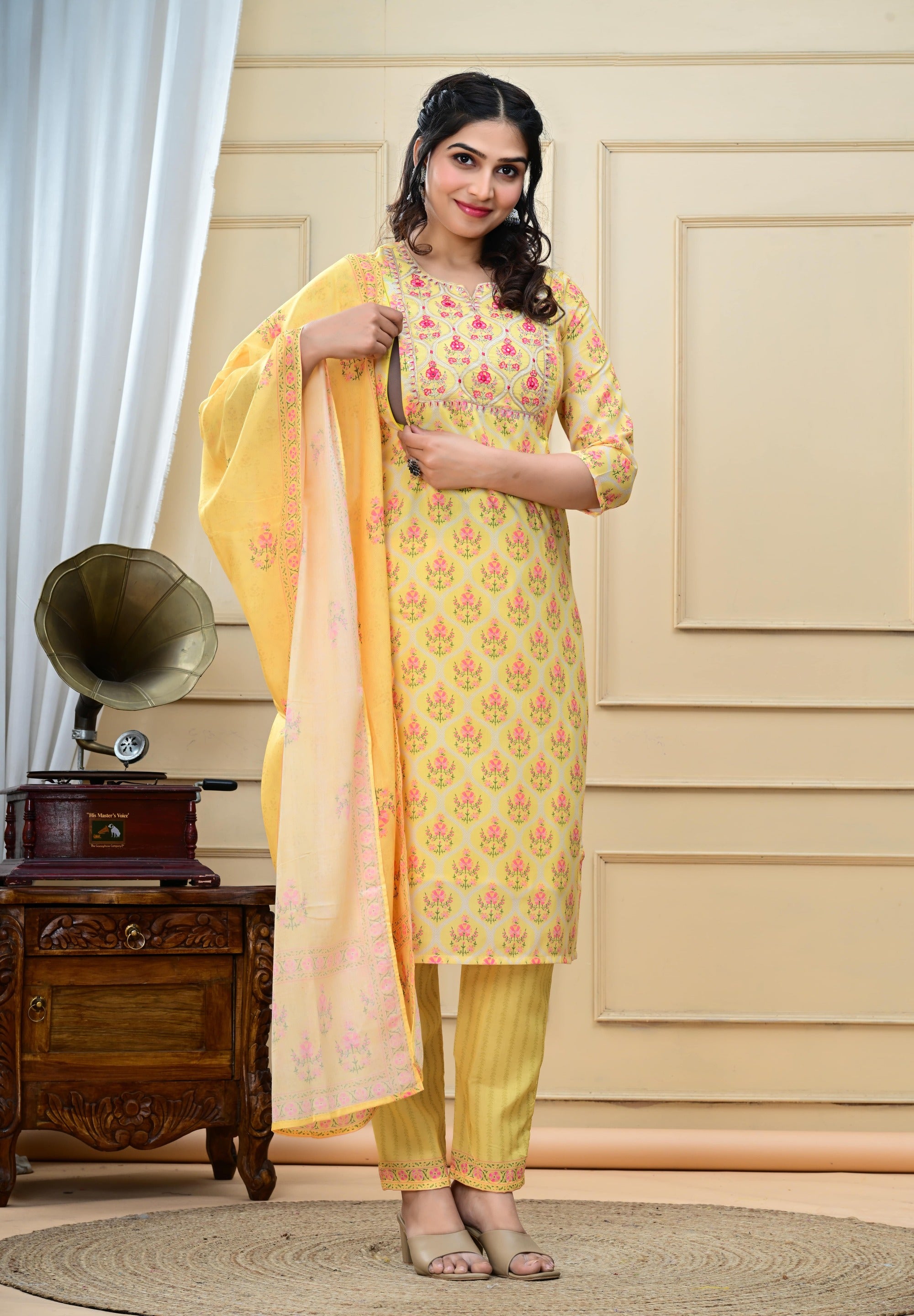 Lemon colored cotton embroidered kurta pant and dupatta set with attached lining for feeding purpose