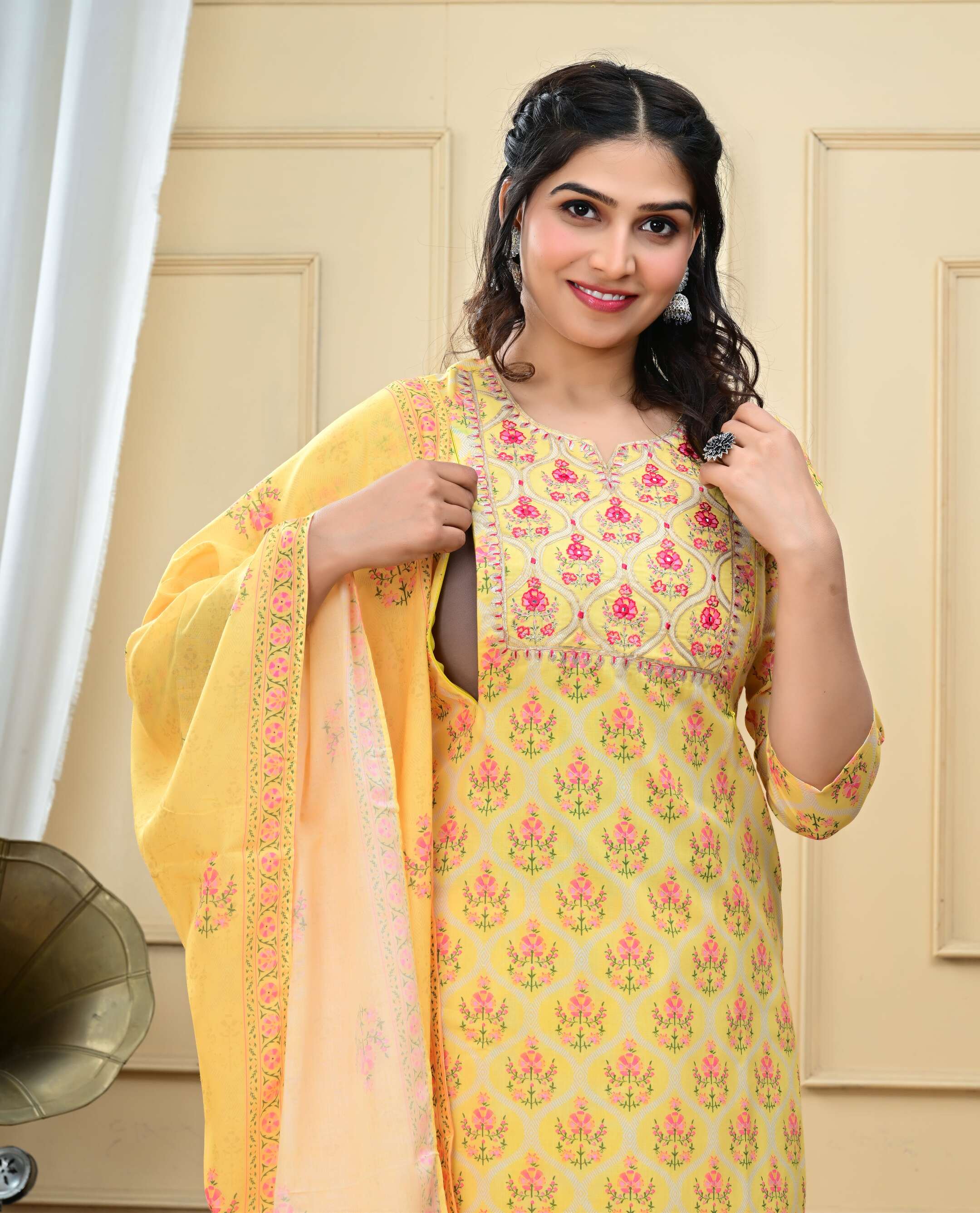 Lemon colored cotton embroidered kurta pant and dupatta set with attached lining for feeding purpose