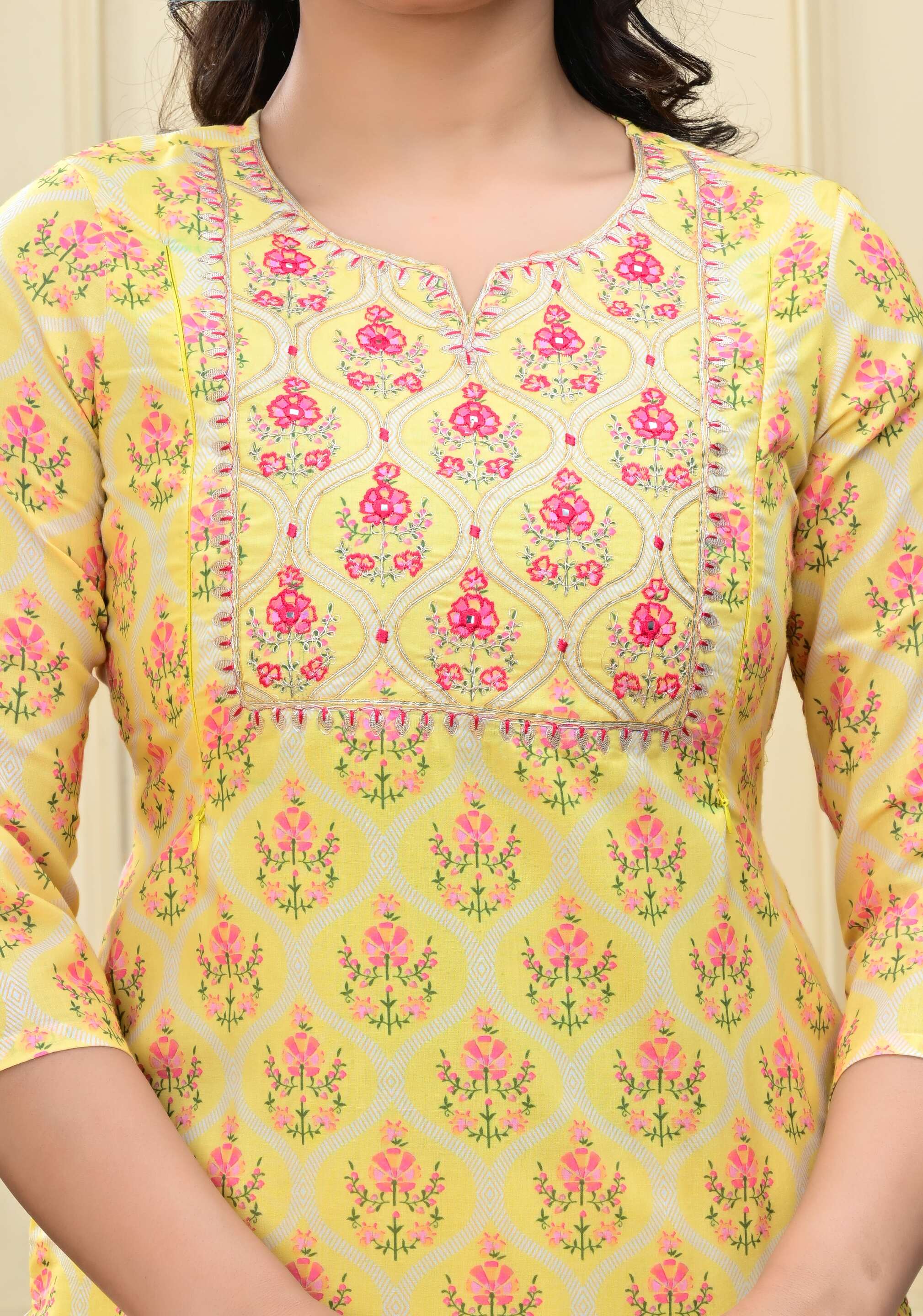 Lemon colored cotton embroidered kurta pant and dupatta set with attached lining for feeding purpose