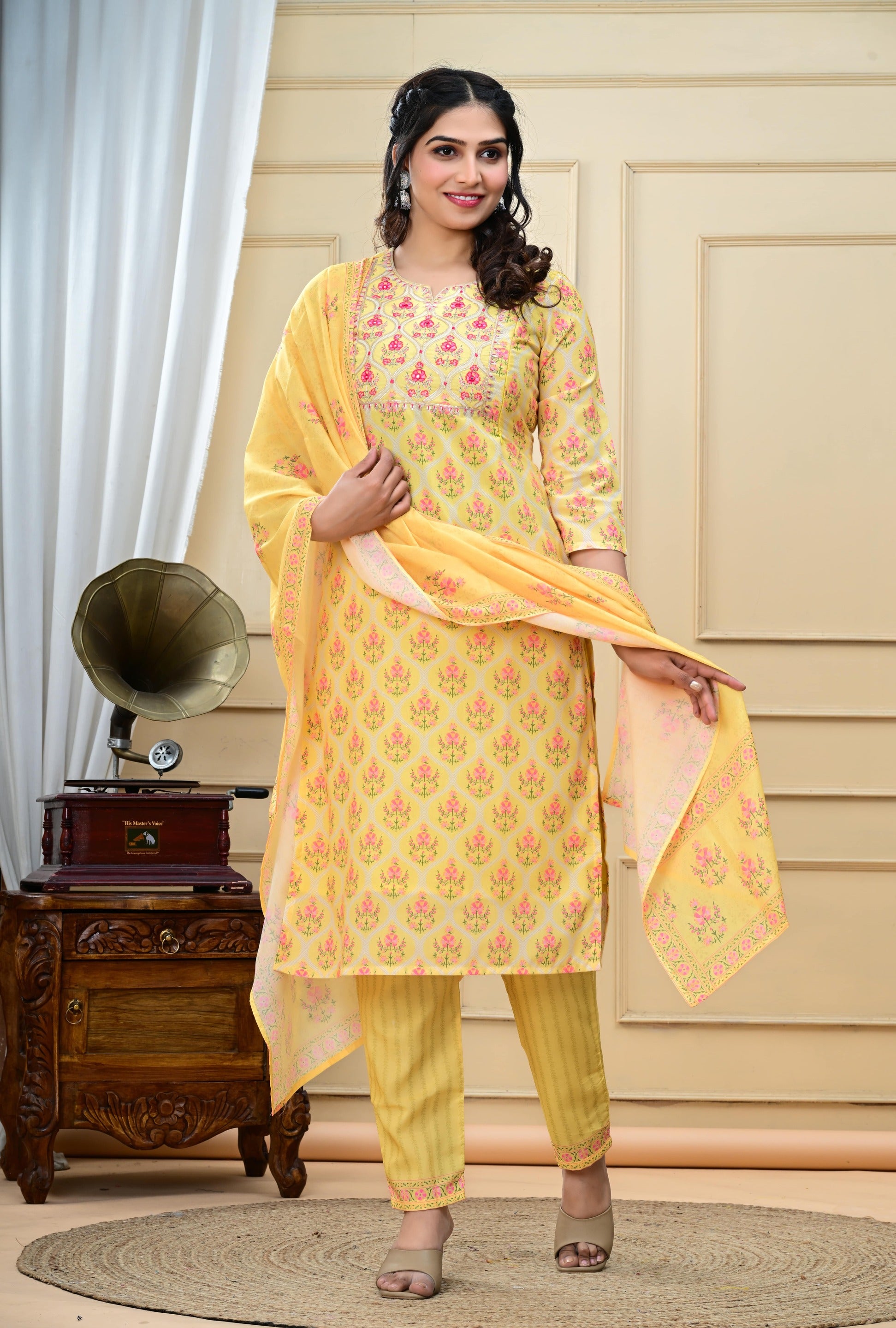 Lemon colored cotton embroidered kurta pant and dupatta set with attached lining for feeding purpose