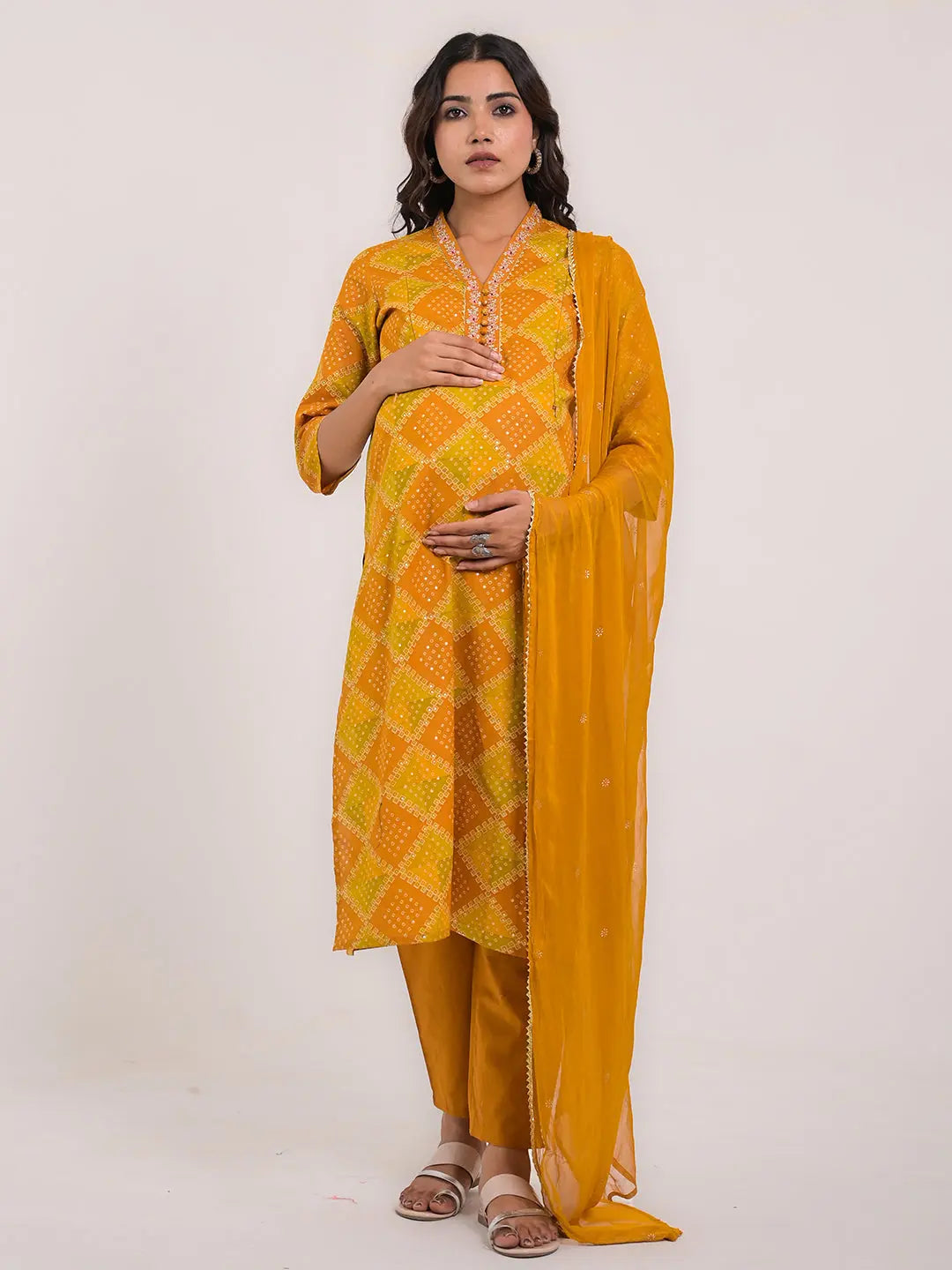 MUMZHUG MUSTARD COLORED BANDHEJ PRINT COTTON FEEDING AND MATERNITY KURTA PANT AND DUPATTA mumzhug