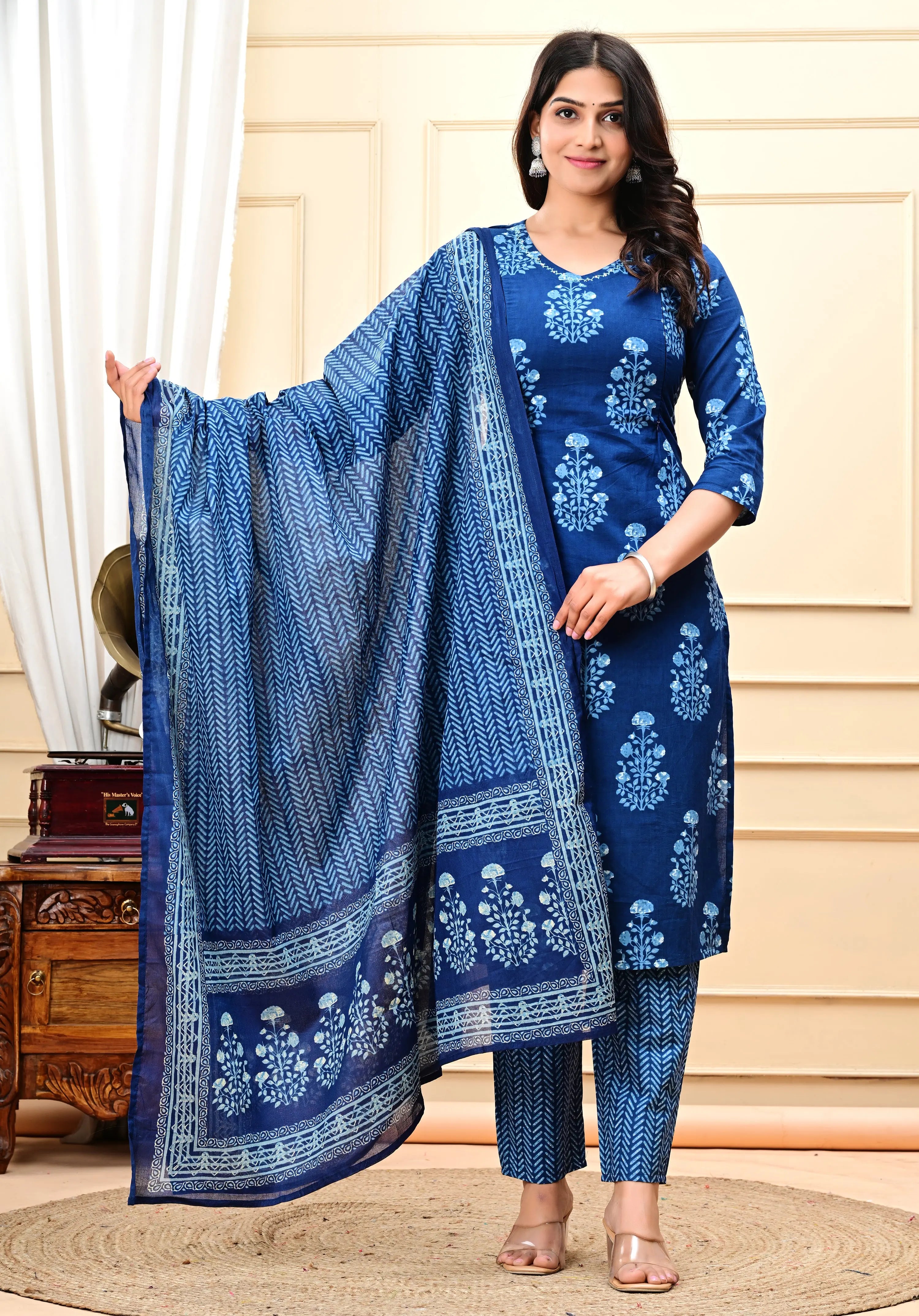 PLUS SIZED PURE COTTON INDIGO COLORED KURTA PANT AND DUPATTA SET FOR FEEDING AND MATERNITY PURPOSE mumzhug Feeding suit set