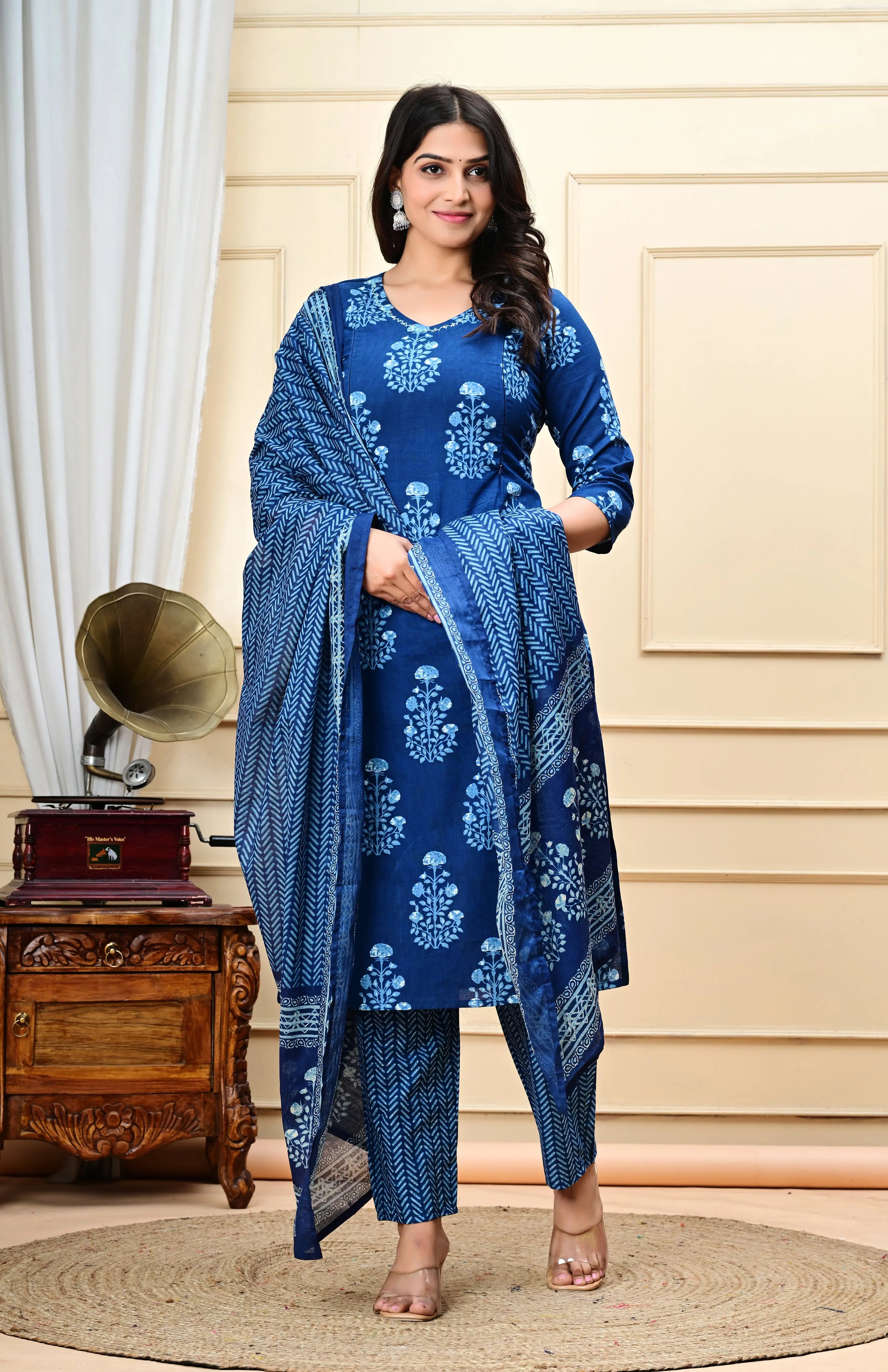 PLUS SIZED PURE COTTON INDIGO COLORED KURTA PANT AND DUPATTA SET FOR FEEDING AND MATERNITY PURPOSE mumzhug Feeding suit set