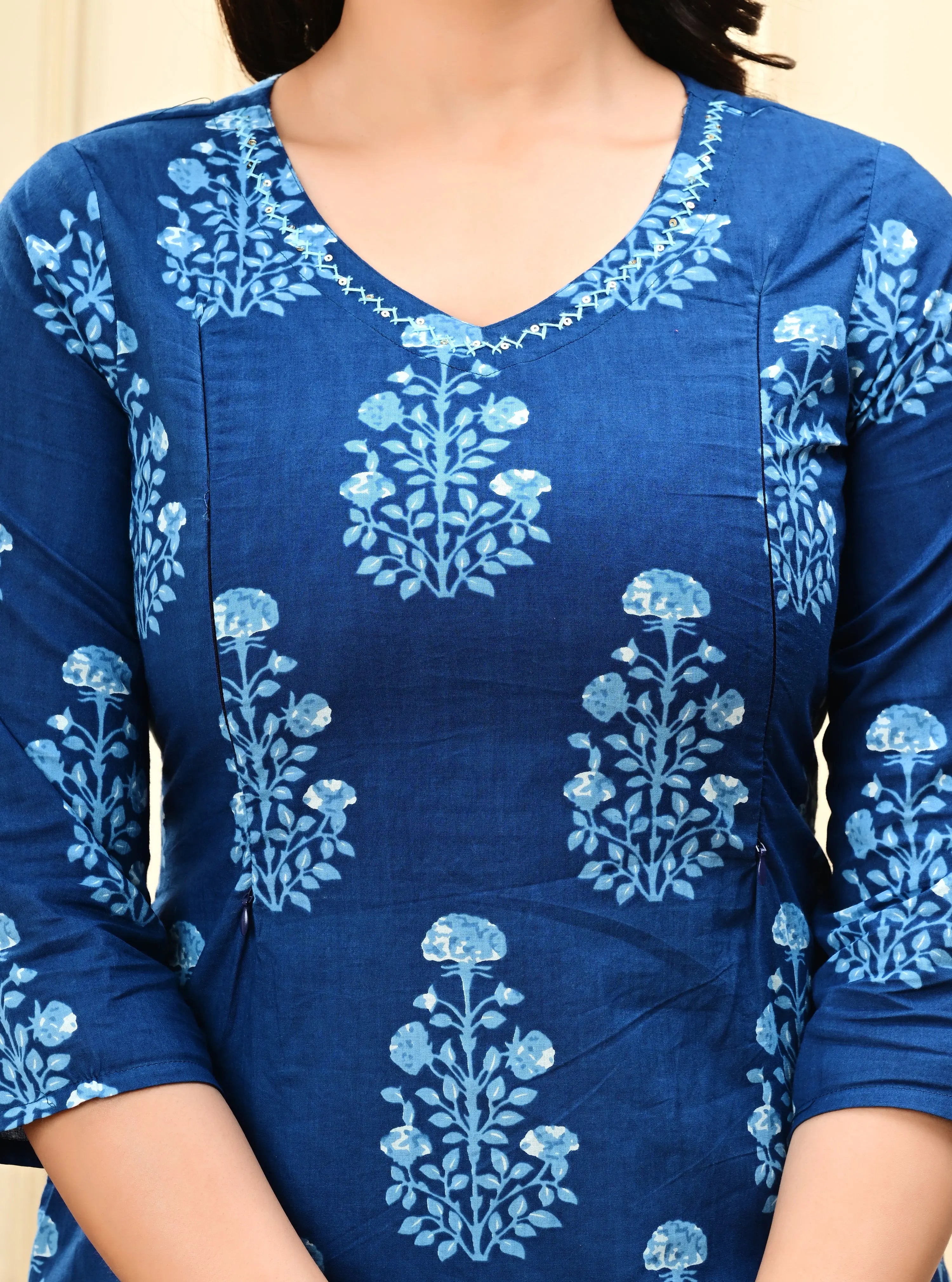 PLUS SIZED PURE COTTON INDIGO COLORED KURTA PANT AND DUPATTA SET FOR FEEDING AND MATERNITY PURPOSE mumzhug Feeding suit set