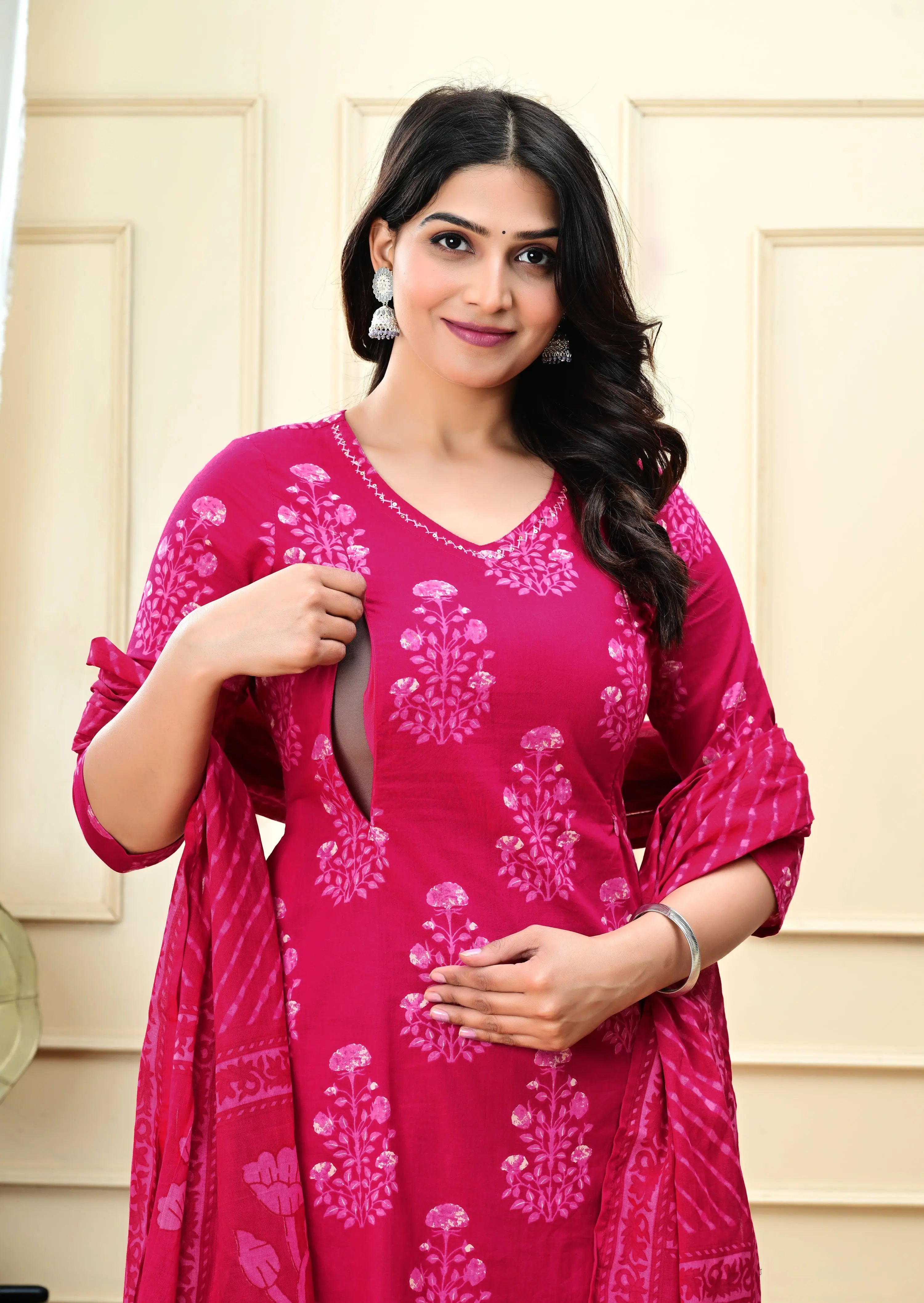 PLUS SIZED PURE COTTON FUCHSIA COLORED KURTA PANT AND DUPATTA SET FOR FEEDING AND MATERNITY PURPOSE mumzhug Feeding suit set