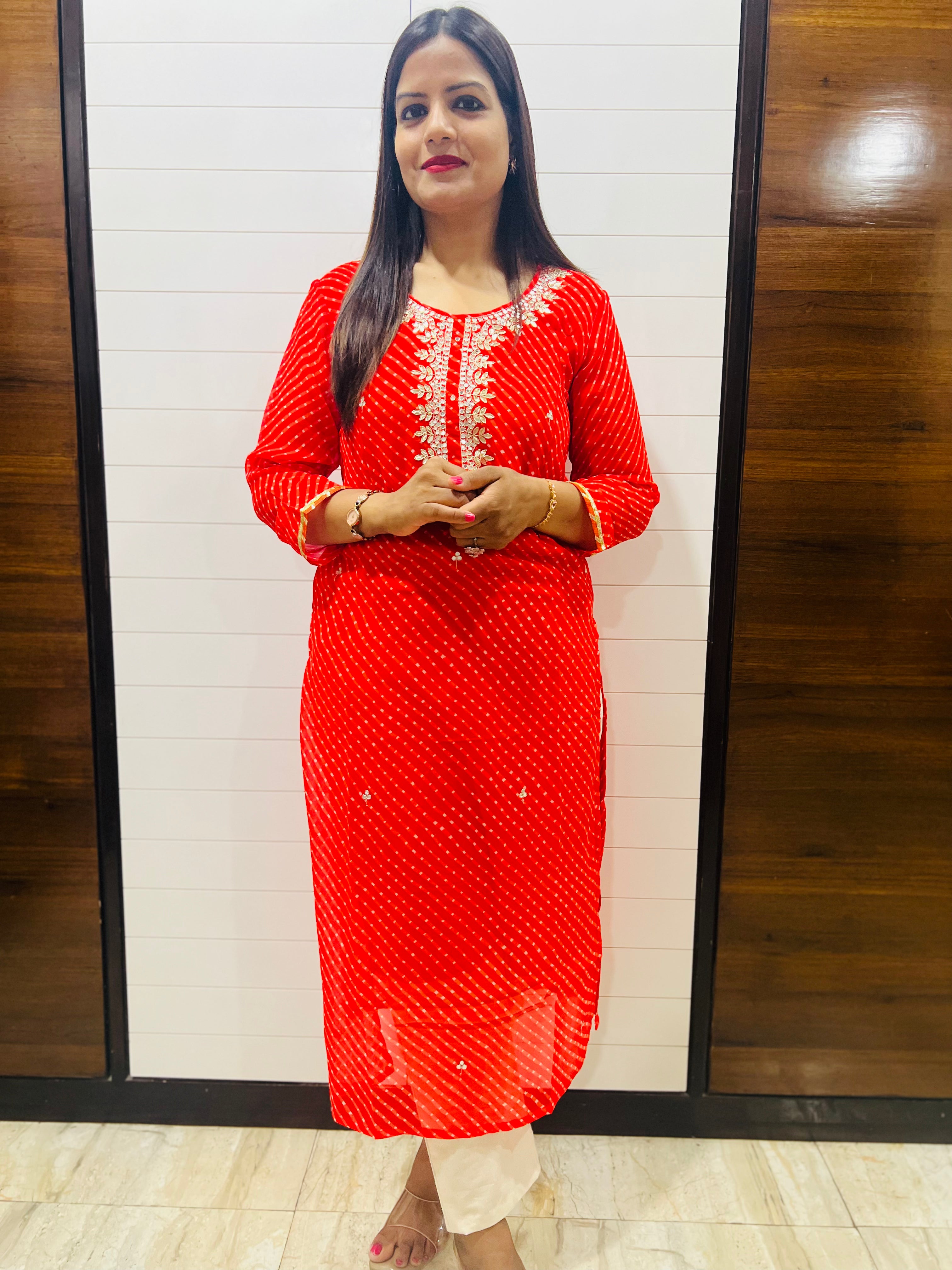 Orange Georgette Hand Embroidered Feeding Kurta with Attached Lining